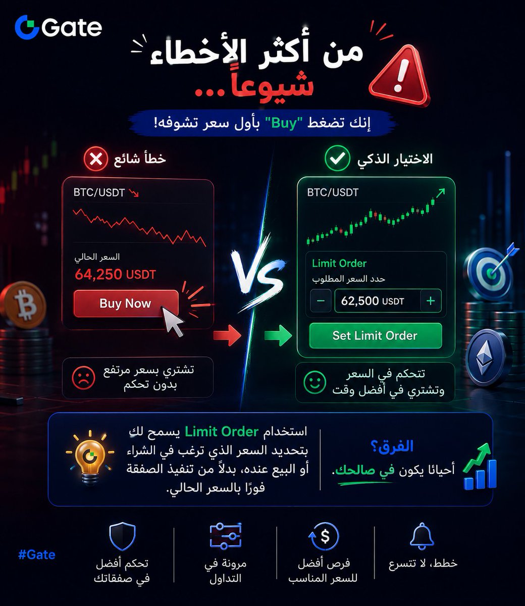 smilegirl57x's tweet photo. 🚨 من أكثر الأخطاء شيوعًا...
إنك تضغط "Buy" بأول سعر تشوفه!
استخدام Limit Order يسمح لك بتحديد السعر الذي ترغب في الشراء أو البيع عنده، بدلًا من تنفيذ الصفقة فورًا بالسعر الحالي.
الفرق؟ أحيانًا يكون في صالحك.
#Gate #LimitOrder #Crypto https://t.co/gkt8jrrYmS