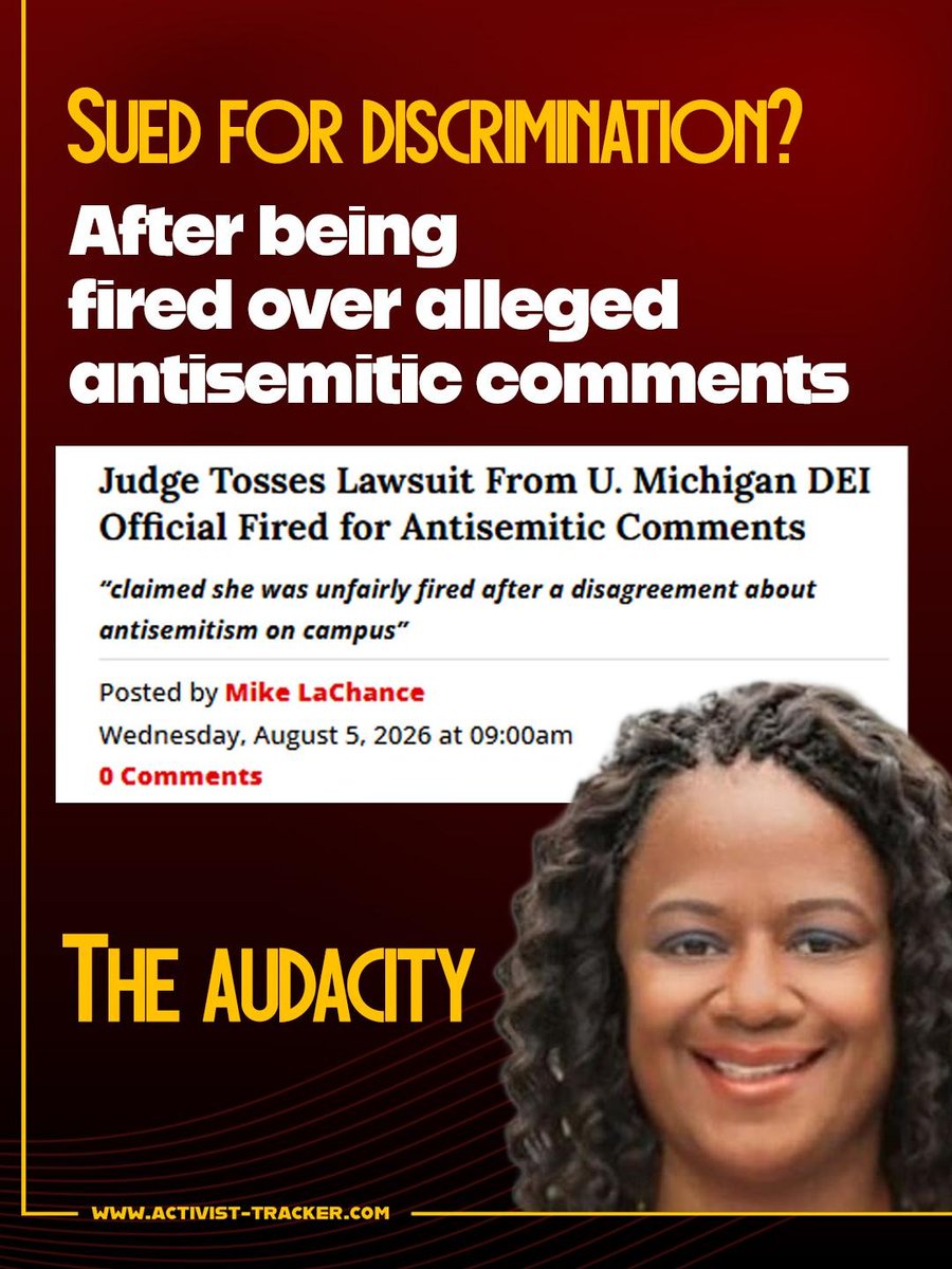 Activist_Trackr's tweet photo. Rachel Dawson was fired following allegations of antisemitic comments, then sued for discrimination. 

The judge tossed her case. 

Apparently discrimination only became unacceptable when she claimed to be the victim. 

Next time, think twice. It’s cheaper than federal court. https://t.co/ufOfbl6lwy