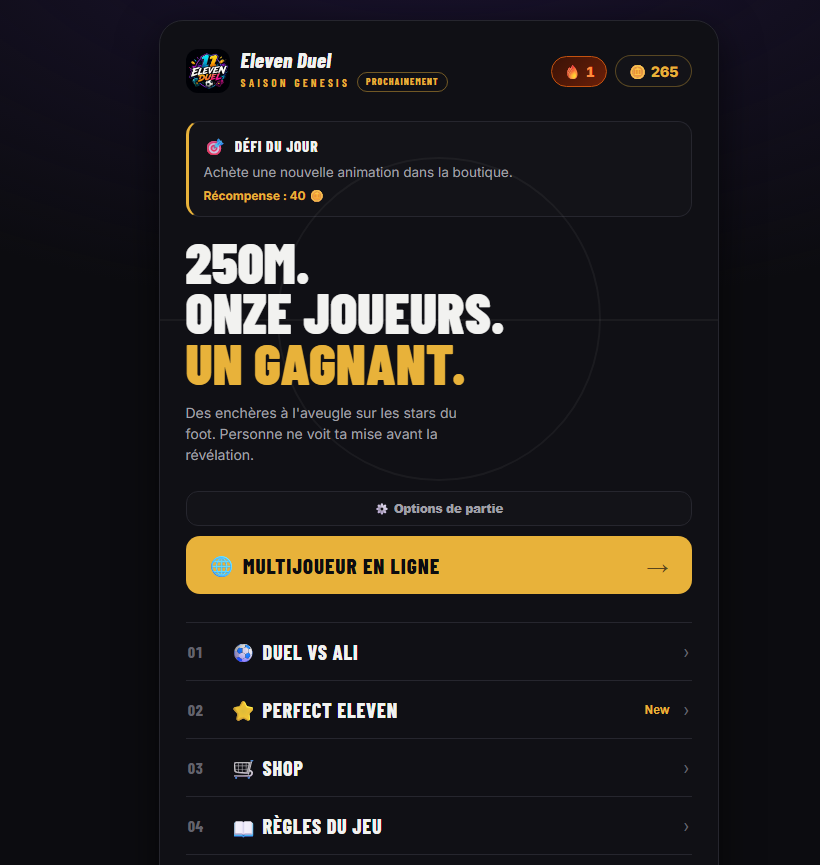 Scipionista's tweet photo. Si vous cherchez un bon petit jeu en solo ou max jusqu'à 4 @ElevenDuel est vraiment sympa : vous devez faire des enchères à l'aveugle et bâtir le meilleur XI avec des bonus si c'est cohérent

Y'a un bon petit potentiel, ça va être maj régulièrement, n'hésitez pas à tester ! https://t.co/sUiCZo8LiB