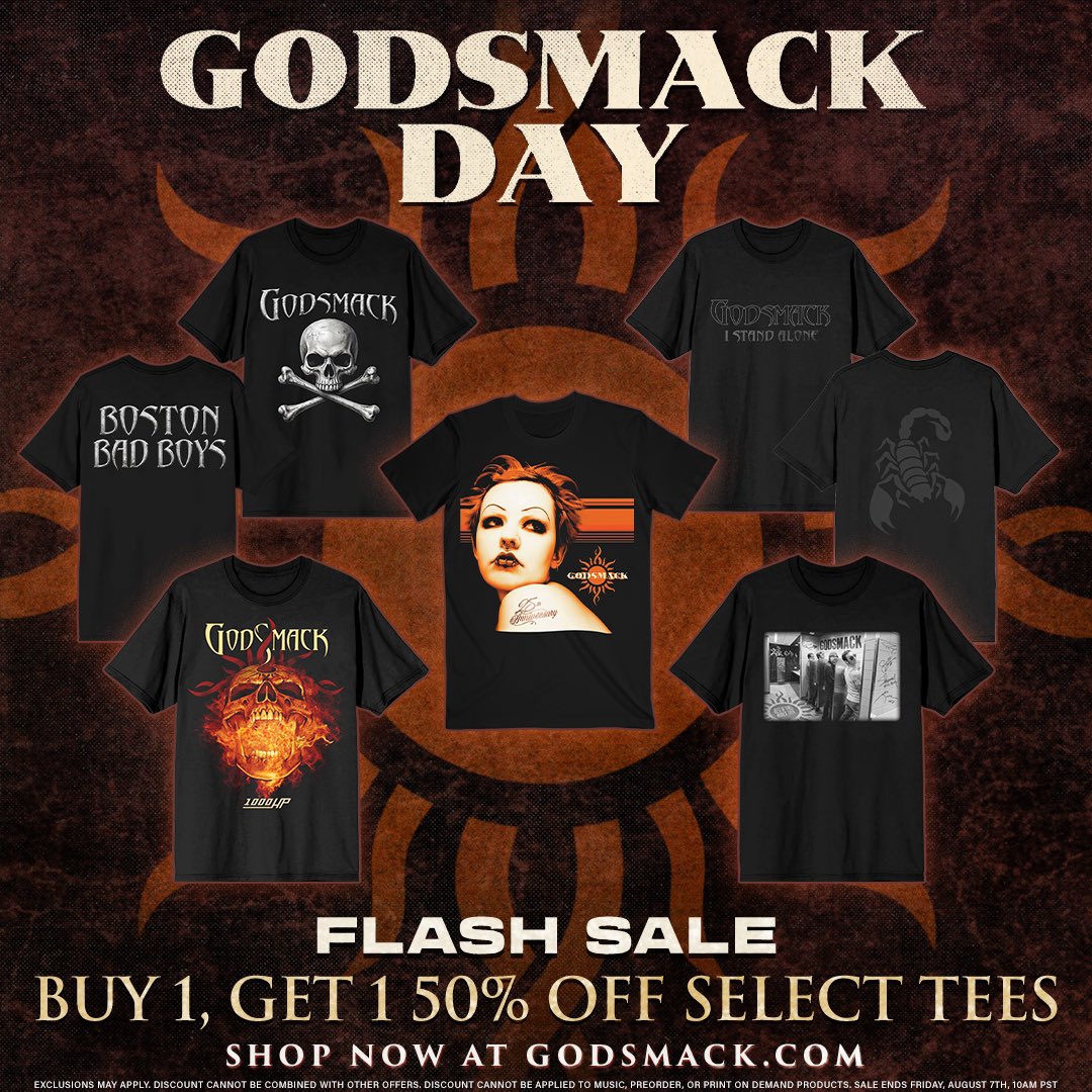 godsmack's tweet photo. HAPPY GODSMACK DAY! 🤘❤️🔥🤘To celebrate the official Godsmack Store is have a BOGO Flash Sale on select tees!! 🛒 SHOP at: https://t.co/JlLxiNcDh0
#Godsmack #Sale #BOGO #GodsmackDay #BandTee #Shop https://t.co/hsUNFcJa2Q