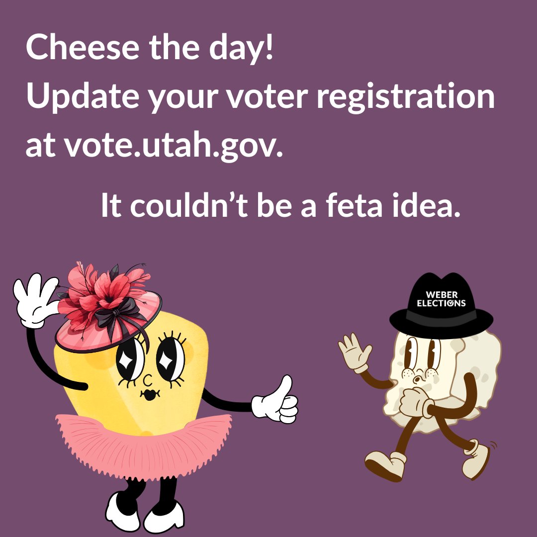 WeberElections's tweet photo. Cheese the day! Update your voter registration at https://t.co/yxHIfdkFMI
It couldn't be a feta idea.
#voterregistration #utahvoter #utahelections #electionsutah #puns #cheese #weberelections #humor https://t.co/ILeQvR8rZb