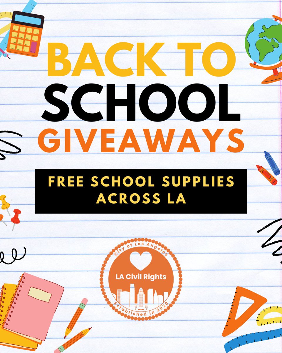 lacivilrights's tweet photo. Need support with back-to-school supplies? Check out these events across Los Angeles giving away free school supplies and backpacks to youth in need. Events are starting as soon as this weekend with two more next weekend on August 15. https://t.co/qZTAJhiIw6