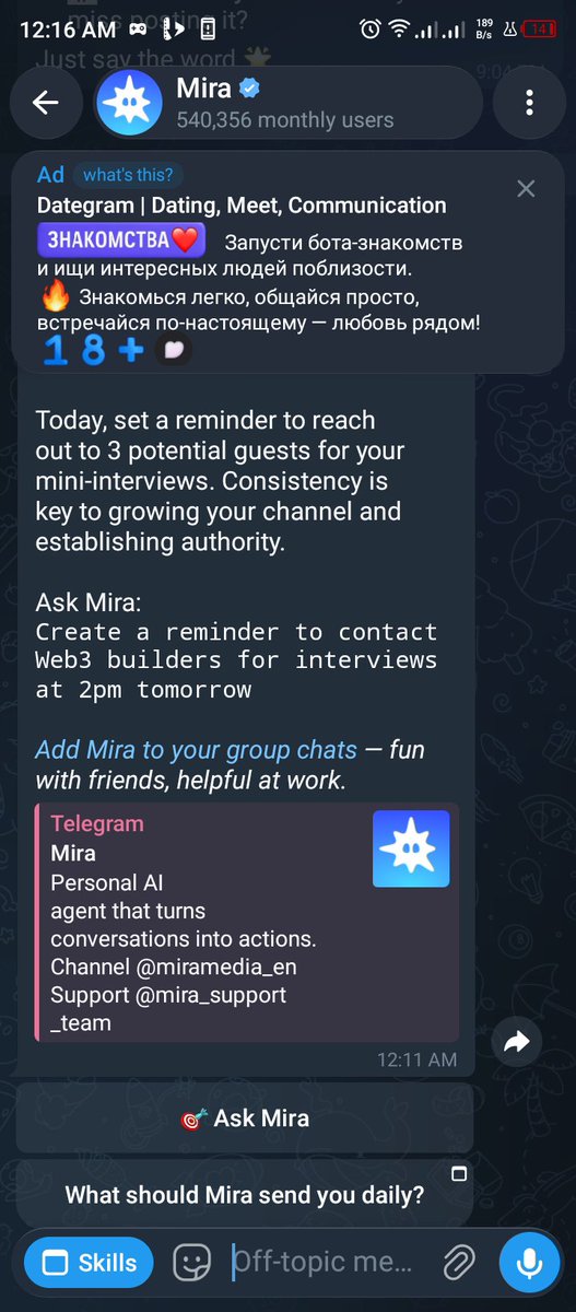 caesar_jn's tweet photo. Your Telegram just became your smartest assistant.
I’ve been using @trymira, and one thing I didn’t expect?
It doesn’t just reply… it keeps me accountable.
Today, Mira reminded me to reach out to 3 potential guests for my mini-interviews, something I could have easily postponed https://t.co/3G6CNH8Nek