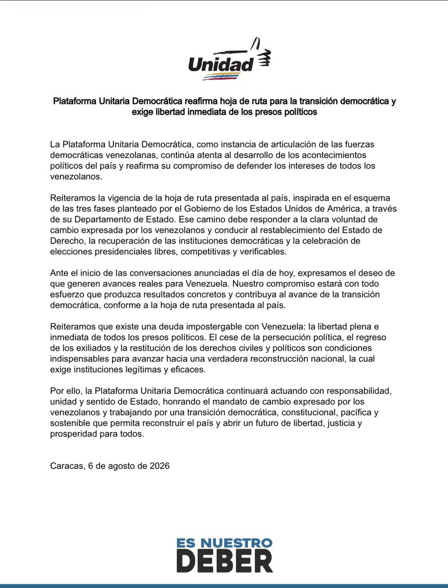 unidadvenezuela's tweet photo. #Comunicado | La Plataforma Unitaria Democrática reafirma la vigencia de su hoja de ruta para una transición democrática en Venezuela y exige la libertad plena e inmediata de todos los presos políticos. La reconstrucción del país pasa por el restablecimiento del Estado de Derecho, la democracia y el respeto a la voluntad de los venezolanos.