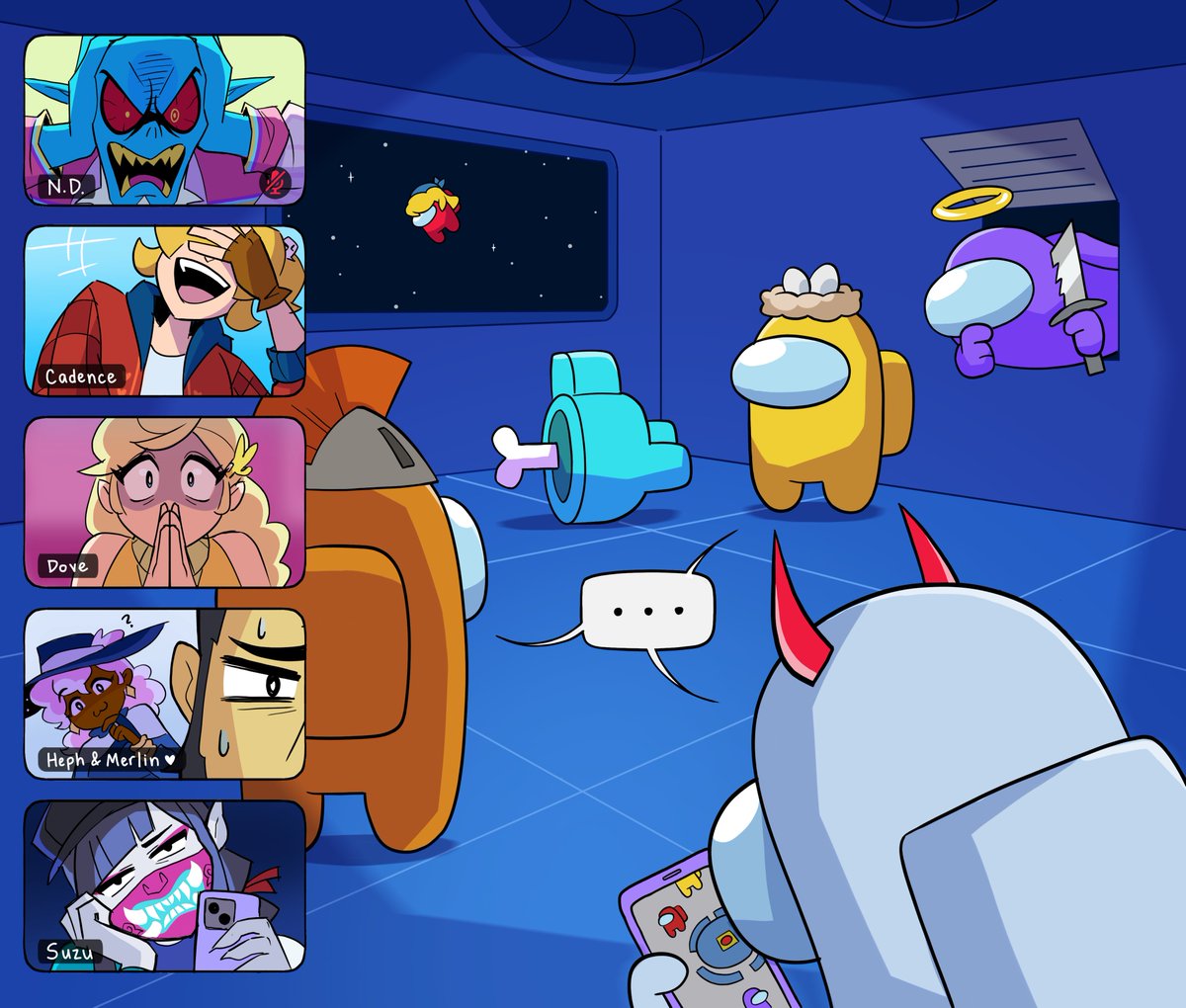 NecroDancerGame's tweet photo. The gang plays @AmongUsGame...  Who do you think the Impostor is? https://t.co/lvajRkVekH