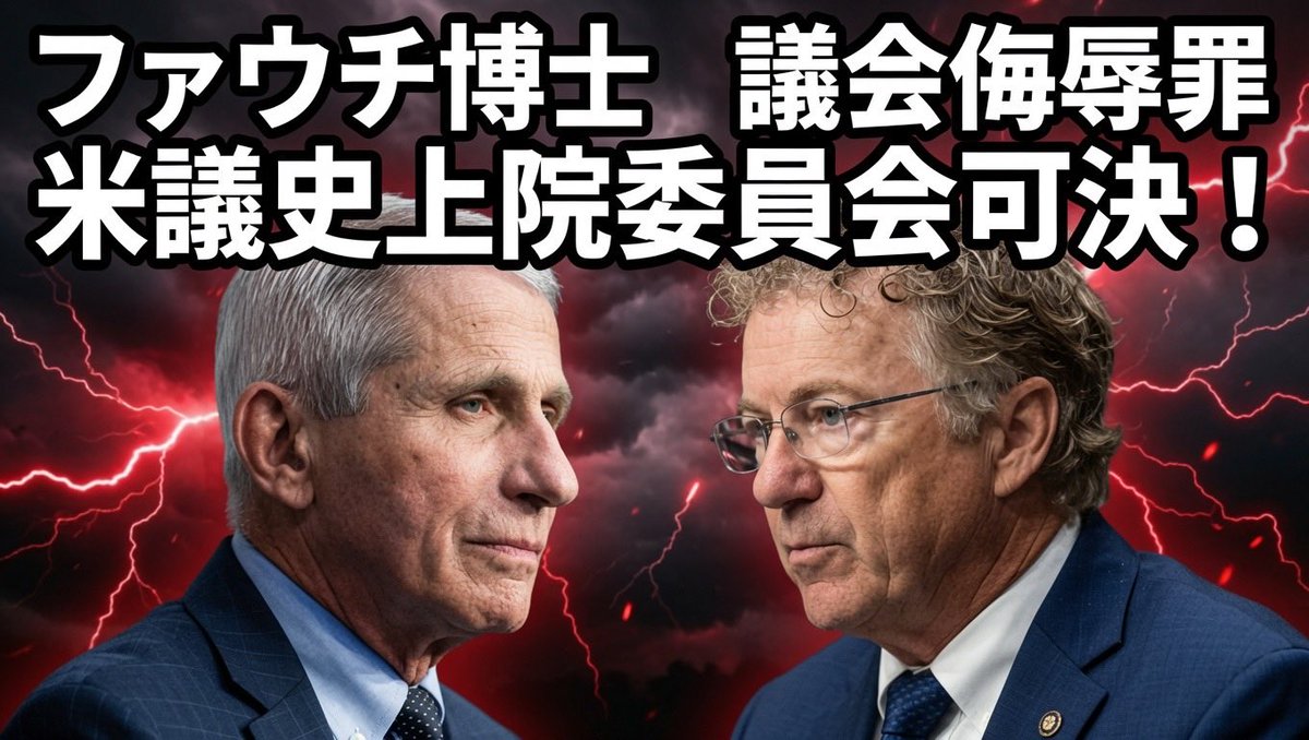 kharaguchi's tweet photo. 速報　

米国の議会において、新型コロナウイルス対応の指揮を執った元国立アレルギー感染症研究所（NIAID）所長のアンソニー・ファウチ博士をめぐり、上院の委員会が「議会侮辱罪（Contempt of Congress）」に問う決議案を可決しました。
具体的な経緯や報道の内容は以下の通りです。

1. 議会での動きと決議の背景
公聴会での黙秘権行使: 2026年7月29日、上院国土安全保障・政府問題委員会（委員長：ランド・ポール議員）の公聴会に出席したファウチ博士は、新型コロナウイルスの起源やパンデミック対応に関する質問に対し、憲法修正第5条（自己負罪拒否特権）を拠り所に100回以上も黙秘権を行使しました。
委員会決議: これを受け、同委員会は8月5日（木）に採決を行い、賛成8、反対7の賛成多数（党派が分かれる形）でファウチ博士を議会侮辱罪に問う決議案を可決しました。

2. 争点となっているポイント
大統領特赦と証言義務の対立: 共和党側（ランド・ポール委員長ら）は、バイデン前大統領からすでに広範な特赦（免責）を受けているファウチ博士に刑事訴追のリスクはもはやなく、議会の質問に答える義務があったと主張しています。
博士側の主張: 一方、ファウチ博士側や民主党議員らは、共和党側が自身を刑事訴追に追い込もうとする政治的意図を持っていると批判。新たな発言を逆手に取られて特赦の対象外となる罪に問われる危険（罠）を避けるための正当な権利行使であると擁護しています。

3. 今後の展開
委員会を主導したランド・ポール委員長は、この議会侮辱罪の勧告を司法省（DOJ）へ直接送付する方針を示しており、今後は司法省側がファウチ博士を起訴するかどうかの判断を下す局面に移行しています。
関連する主な海外メディアおよび国内通信社の報道：
The Washington Post: [Senate panel votes to hold Anthony Fauci in contempt of Congress](https://t.co/hDJJYrGxCK)（英語）
Washington Examiner: [Fauci held in contempt by Rand Paul’s committee](https://t.co/hNxVnQj90Z)（英語）
読売新聞 / 各種ローカルニュース配信: 「米上院委員会、ファウチ氏を議会侮辱罪に問う決議案を可決… 新型コロナを巡る質問で黙秘権を１００回以上行使」