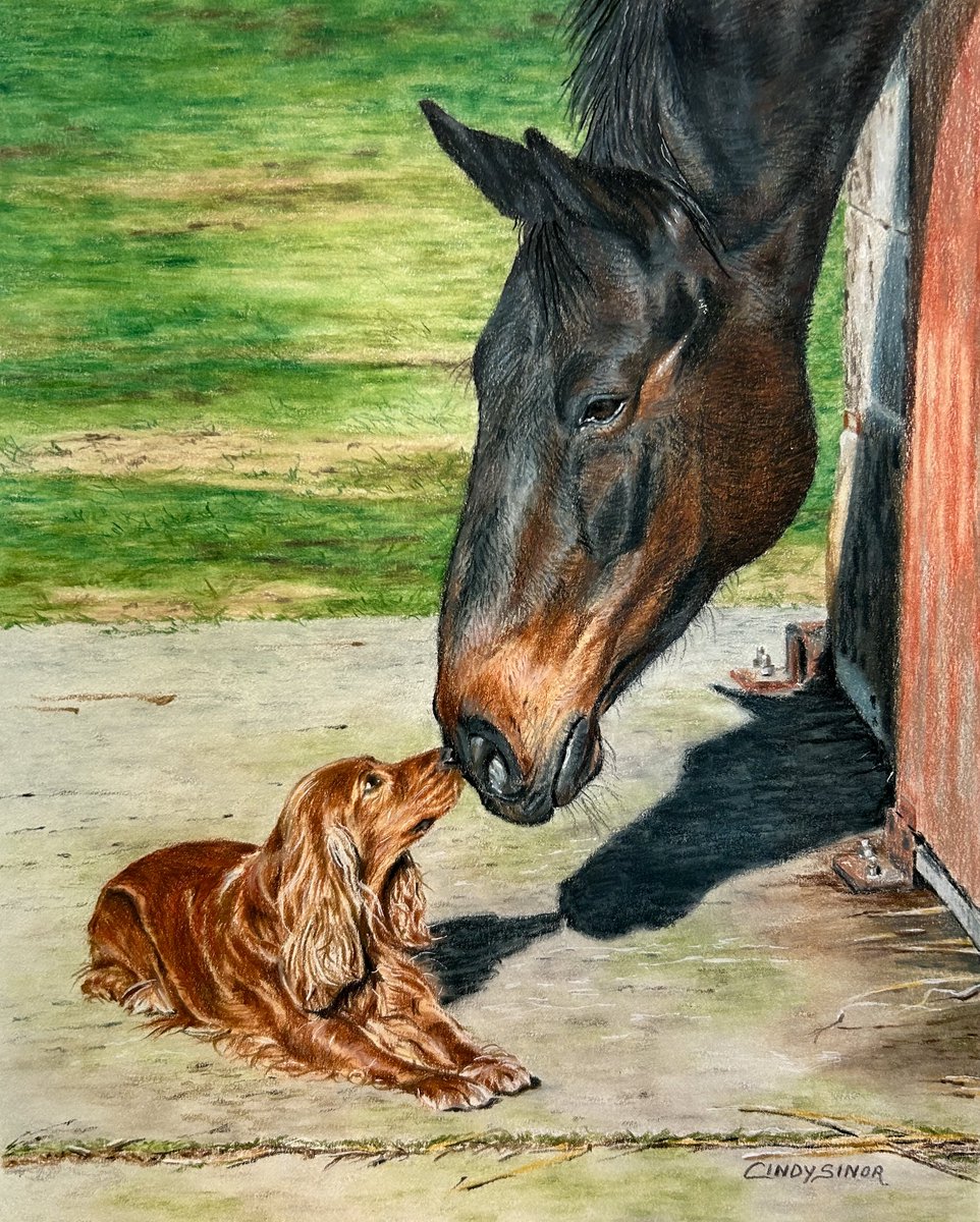 CindySinor's tweet photo. My finished colored pencil drawing of friends. Check out the before and after in comments. 🐴🐶✍️ https://t.co/lHGGnSrUe4