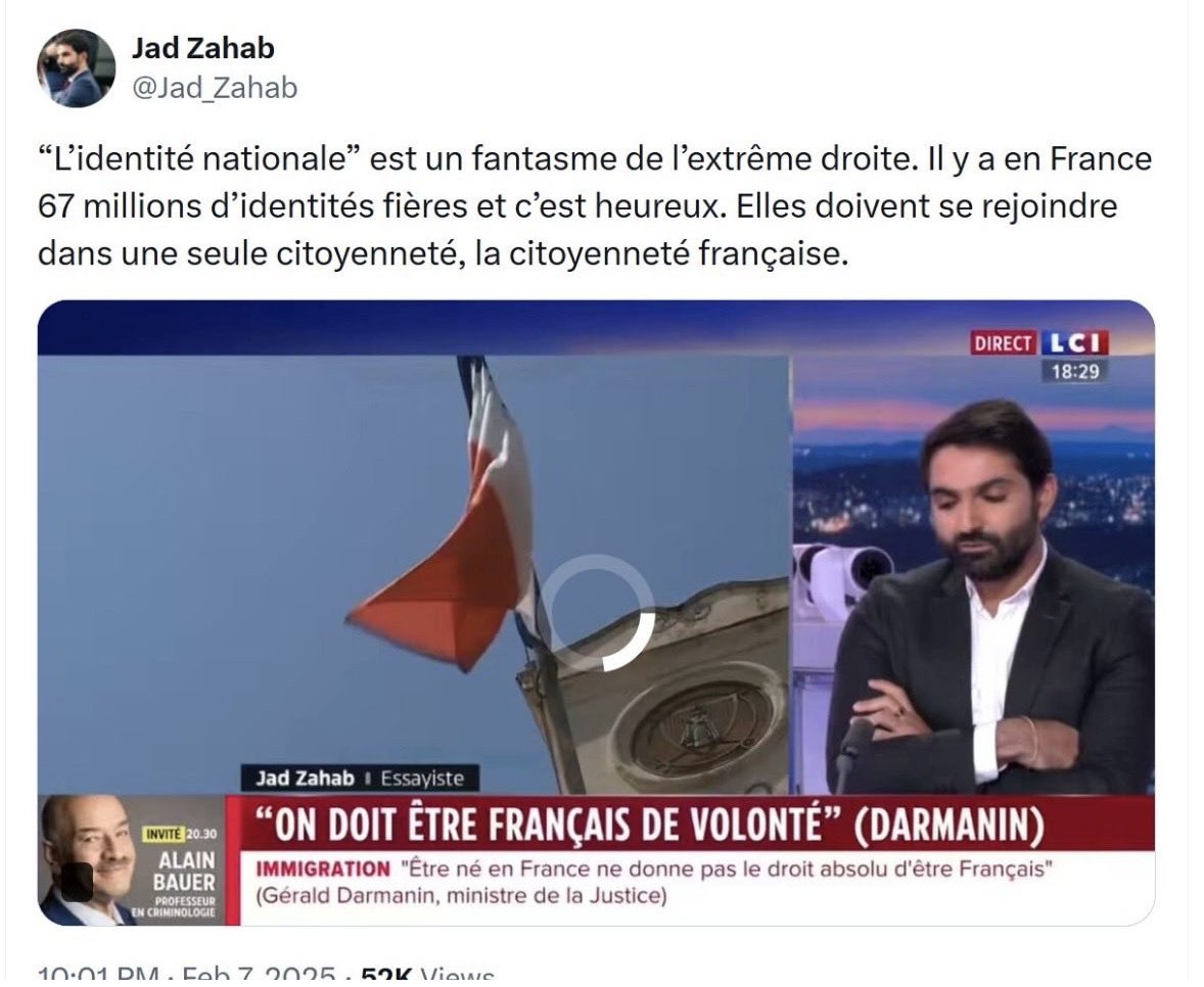 Outofnone1's tweet photo. Donc, @Jad_Zahab, franco-libanais, secrétaire national de Renaissance et porte-parole de Gabriel Attal estime que le peuple français historique n'existe pas et qu'il n'a pas d'identité. Peu de gens relèvent le racisme et l'ignominie négationniste absolue de tels propos. https://t.co/AJIrnpVPlR