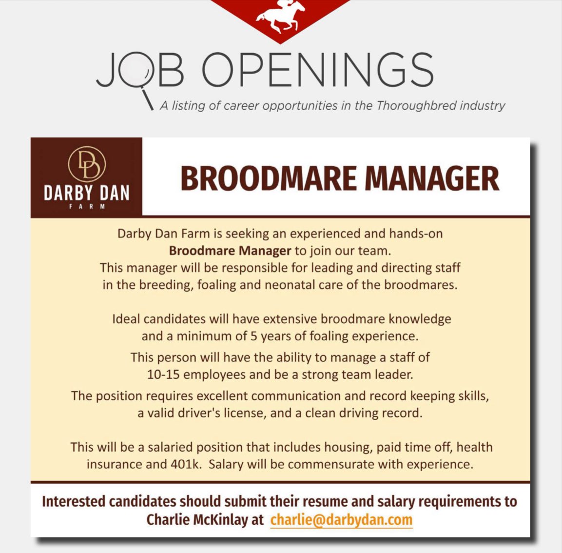 theTDN's tweet photo. 📣 @darbydanfarm is hiring a Broodmare Manager.

Learn more: https://t.co/2CVPRNQQQr https://t.co/oPVytulkMH