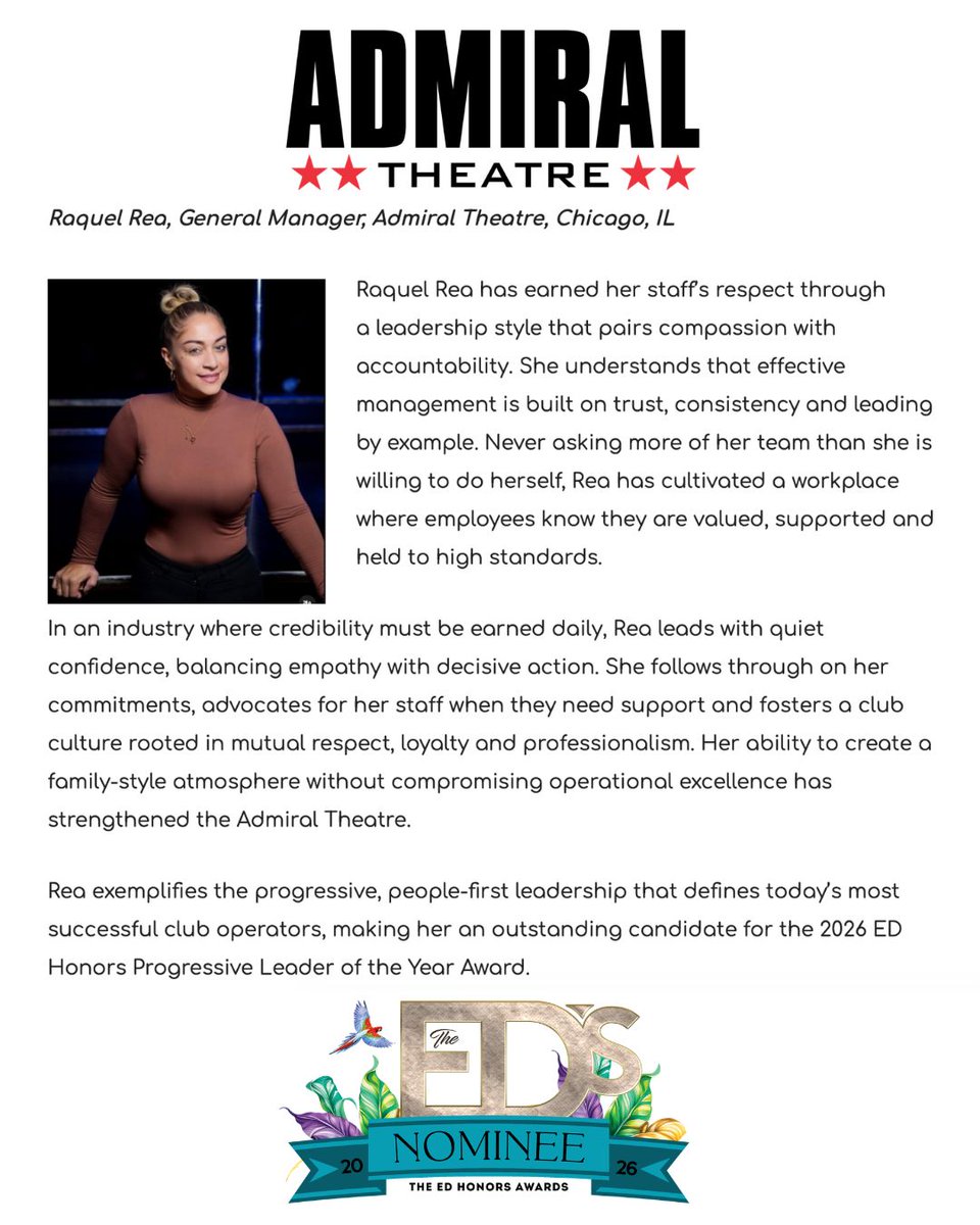 AdmiralTheatre's tweet photo. The #AdmiralTheatre is proud to announce that our very own #GirlBoss, #GeneralManager Raquel Rea, has been nominated for the 2026 #EDHonors #ProgressiveLeaderoftheYear Award! Congratulations, Raquel! We’re so proud to have you leading our team! 🎉
#AdmiralTheatre #Chicago https://t.co/dUIcWSqrWP