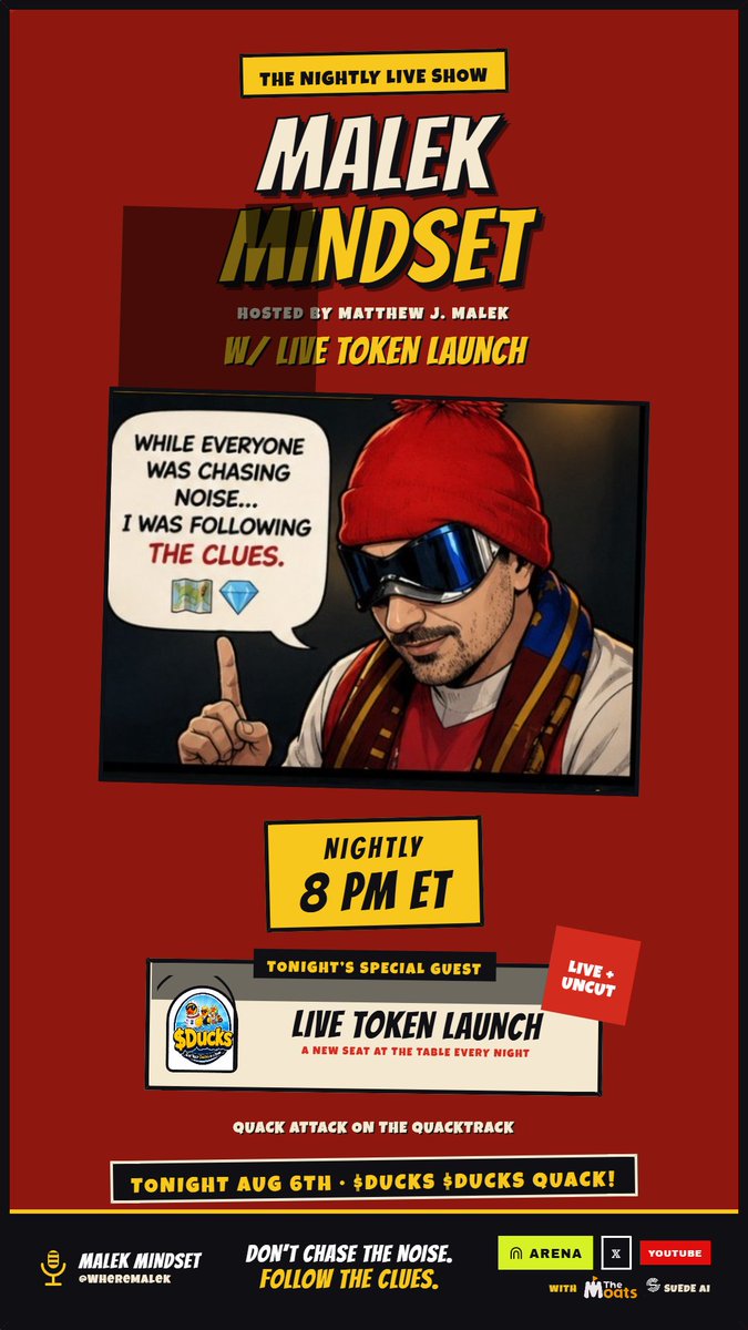 matthewjmalek's tweet photo. Malek Mindset @ 8 ET on https://t.co/utI14Gt3U4.

Tonight's guest:  LIVE Robinhood token launch.

$DUCKS $DUCKS QUACK! 🦆🦆

$Wheremalek &amp; $Ducks Giveaway!!!

Powered by @Moats_app &amp; @AISUEDE on @TheArena https://t.co/e9YdSd4ZBw