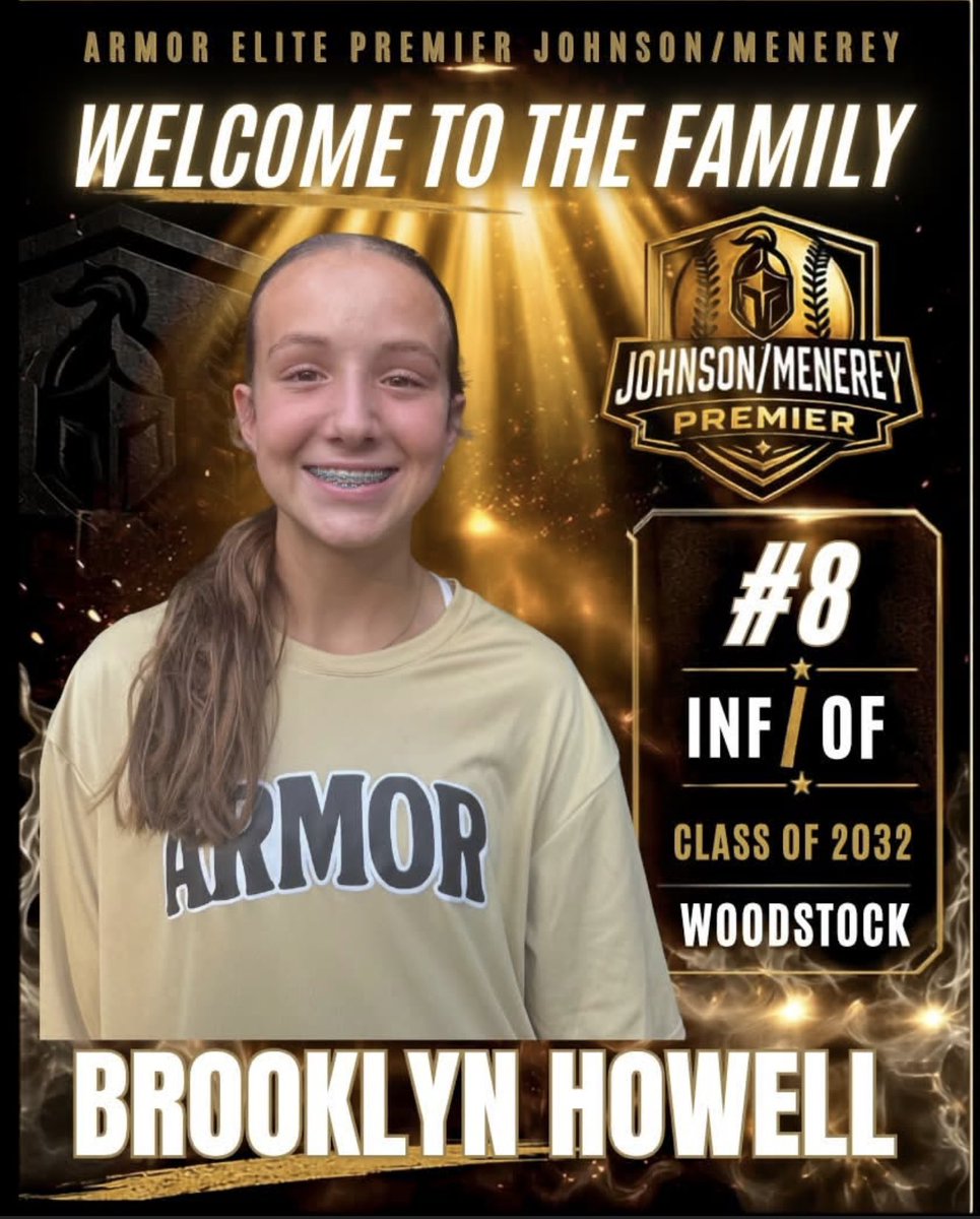 AEPremierJM's tweet photo. ⚔️ ROSTER ANNOUNCEMENT⚔️
Welcome 2032 INF/OF Brooklyn Howell from Woodstock, GA to Armor Elite Premier!💛🖤
Brooklyn is the kind of player who makes the difficult look routine.
A show-stopping third baseman with the versatility to shine in the outfield, Brooklyn brings soft hands, exceptional instincts, and a high softball IQ every time she steps on the field. She’s always one step ahead, making smart decisions and finding ways to help her team in every situation.

At the plate, Brooklyn is a disciplined hitter with outstanding barrel control. She consistently puts the ball in play, applies pressure to opposing defenses, and knows how to create opportunities for her team.

We’re excited to watch Brooklyn continue to grow, compete, and reach new heights while being surrounded by continuous support from dedicated coaches, competitive teammates, high-level competition, and a family that continually invests in her development beyond the game. That commitment on and off the field gives Brooklyn an incredible foundation, and we can’t wait to watch her make her mark in the black and gold!
Welcome to the family, Brooklyn! 🛡️💛

#ArmorUp #BeElite 
@ArmorEliteFP