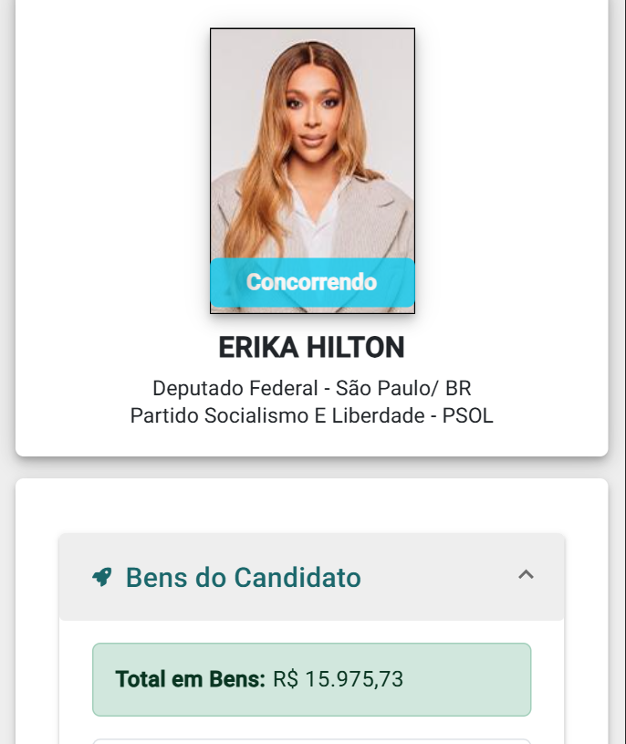 republiqueBRA's tweet photo. 🗳️ 💰 Erika Hilton, candidata à reeleição como deputada federal pelo PSOL em São Paulo, declara ao TSE possuir apenas R$ 15.975,73 em bens. https://t.co/JwFK2cVLlK