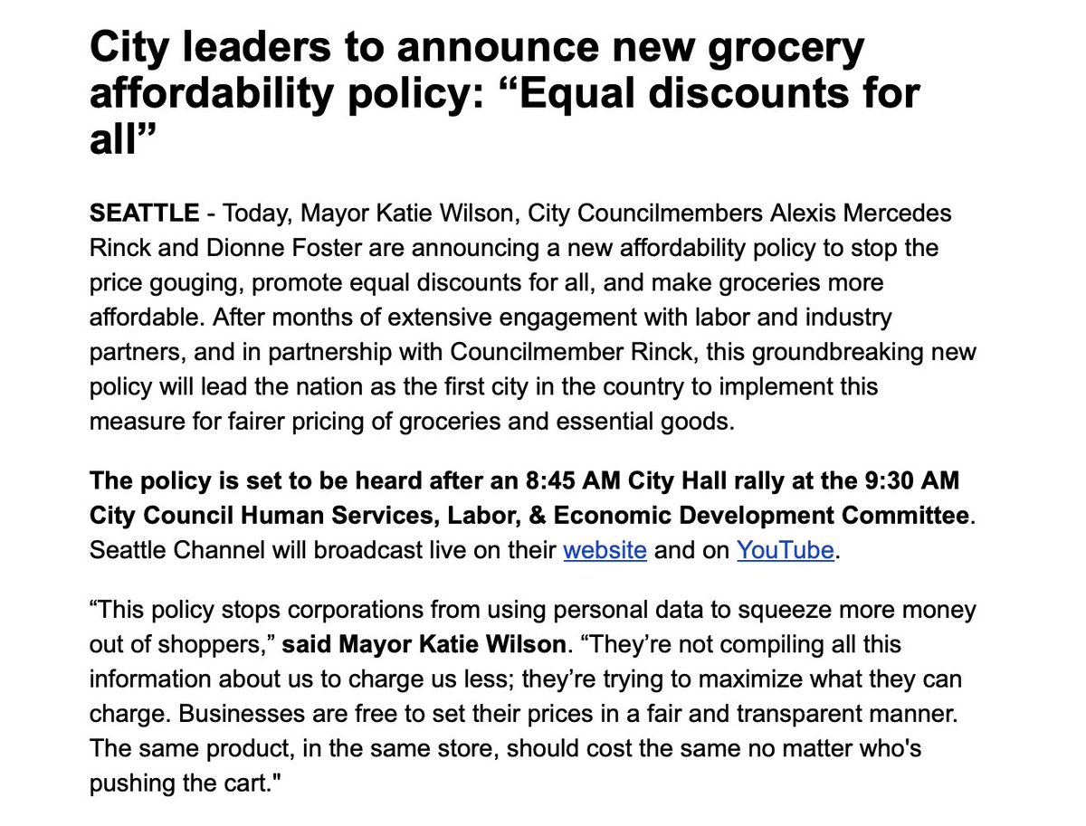 hannahkrieg's tweet photo. INBOX: Mayor Wilson is about to drop new legislation to  bar large grocery retailers from using personal info  (employment status, race, gender, social media, browsing history, chatbot convos) to set different prices for different customers. Rally at 8:45am Friday! https://t.co/3517bTPyhZ