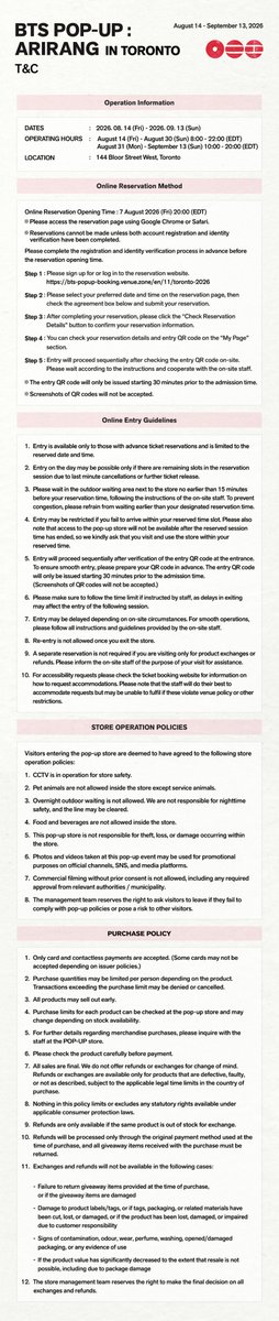 KPOPMERCH_POPUP's tweet photo. BTS POP-UP : ARIRANG IN TORONTO

📢DETAILED INFORMATION

📅August 14 (Fri) - September 13 (Sun), 2026
⏰August 14 (Fri) - August 30 (Sun) 8:00 - 22:00 (EDT)
     August 31 (Mon) - September 13 (Sun) 10:00 - 20:00 (EDT)
📍144 Bloor Street West, Toronto

#BTS #방탄소년단 #BTS_ARIRANG
#BTS_POPUP