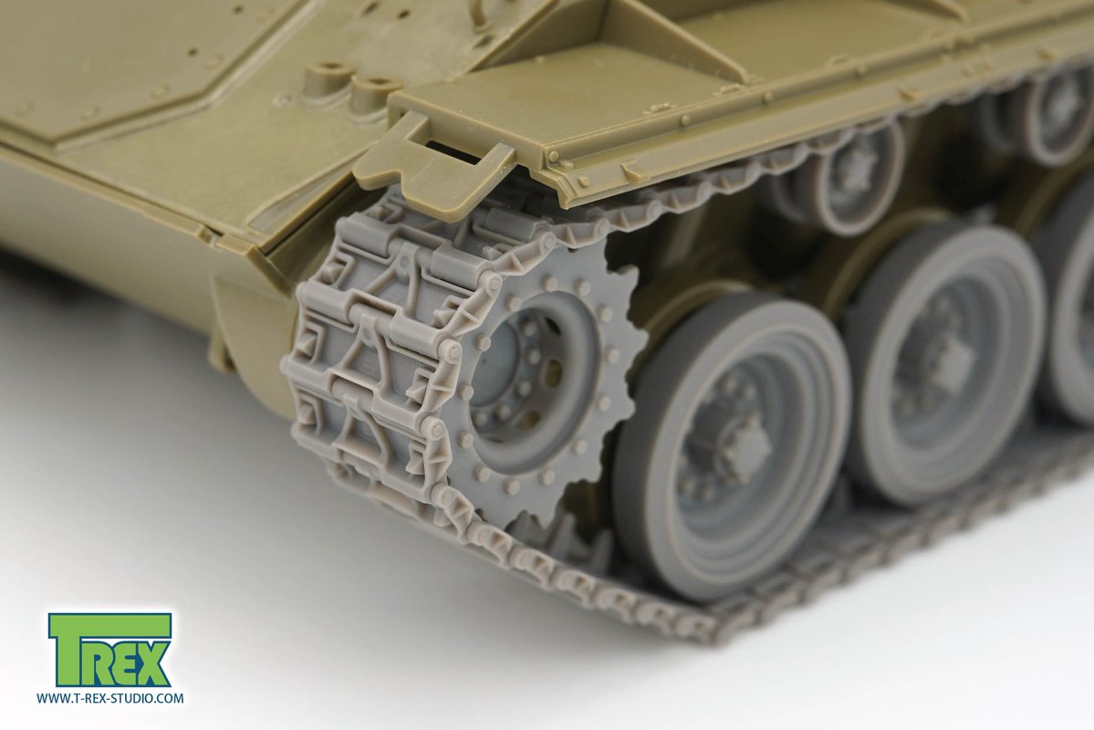 T_REX_Dino_Sun's tweet photo. 🦖タミヤ 1/35 M24チャーフィー用 走行装置アップグレードセットが発売開始！

https://t.co/G88vkBYWxE

✔ 正しい形状のスプロケット
✔ 実車に基づいて再設計したロードホイール
✔ より立体感のあるアイドラーホイール＆リターンローラー
✔ 接着剤不要のスナップフィット可動連結履帯を同梱

🇯🇵 日本ではT-Rex Studio Amazonストア限定販売です。

#プラモデル #AFV #M24 #チャーフィー #タミヤ #戦車模型 #T_RexStudio