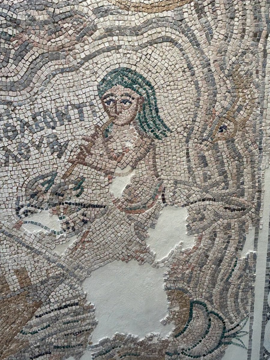 Nadav_Eyal's tweet photo. Odysseus, in Eretz Yisrael. A section of a 1,500-year-old mosaic discovered in Israel in 1964, in the Beit She’an area. This panel shows the famous scene of Odysseus bound to the mast of his ship, looking to the left, toward what was probably a Siren. Below him, a sailor faces another Siren playing a flute.

The house belonged to a prominent Jewish man, Leontis Kloubas, as indicated by the dedication, which includes the symbol of the Jewish menorah. The entire mosaic was eight meters long, and another section depicted the god of the Nile.

It is fascinating to see just how cosmopolitan Jewish life in Eretz Yisrael was 1,500 years ago- with Greek mythology, pagan imagery, and Jewish identity all appearing within the same work of art. I read about this on Dr. Pnina Arad page.