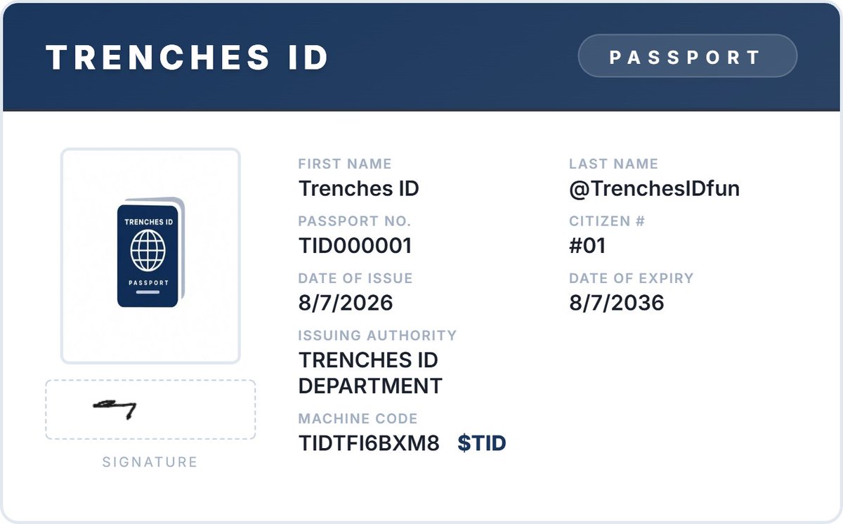 TrenchesIDfun's tweet photo. I just minted my Trenches ID Passport! TID000001 $TID Mint your passport too! https://t.co/UNYh2gKbXb