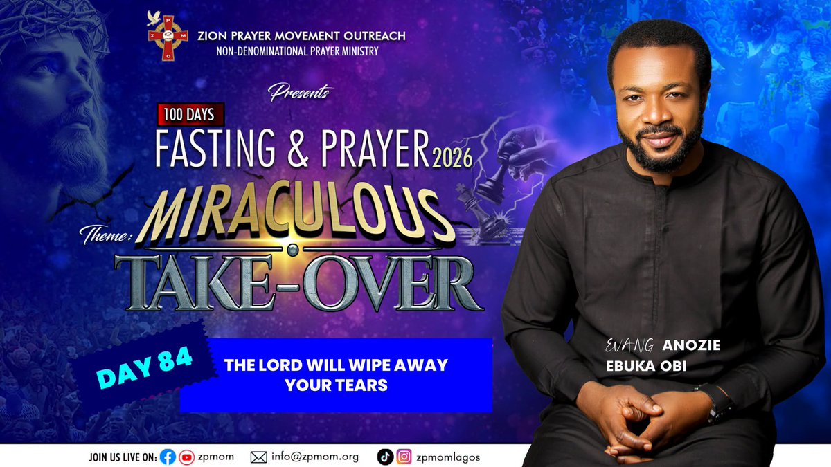 zpmomlagos's tweet photo. DAY 84: FRIDAY 7TH AUGUST, 2026
TOPIC: THE LORD WILL WIPE AWAY YOUR TEARS

Revelation 21:4, Jeremiah 31:16, Luke 7:11-16, 1 Samuel 1:9-18  

Tears are associated with grief, mourning, loss, pain, afflictions and unpleasant situation. You shall cry no more. https://t.co/PRFeF4ZwkH