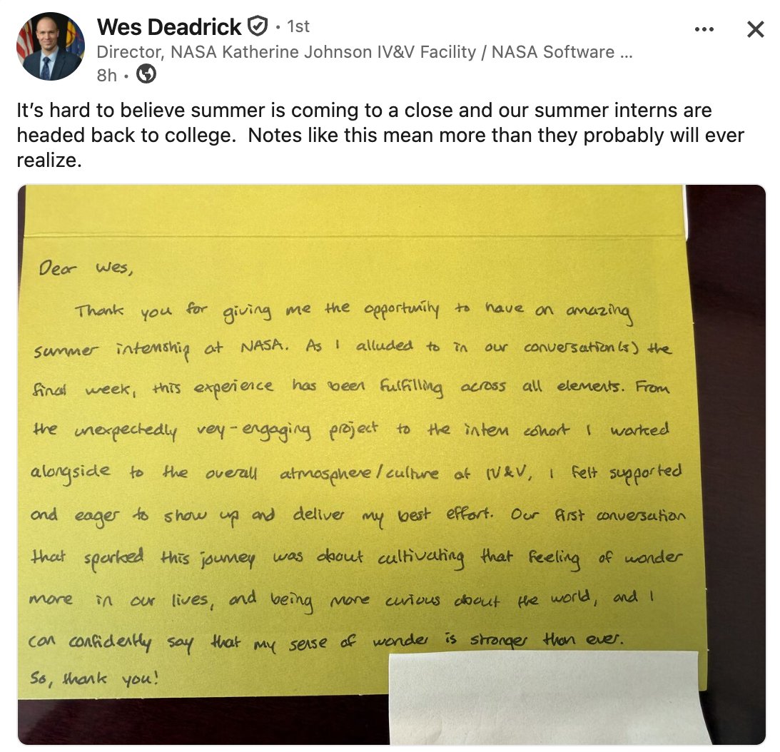 NASAWatch's tweet photo. Wes Deadrick, Director of the @NASA Katherine Johnson IV&V Facility, just posted this on LinkedIn. FYI @NASAAdmin @NASApeople @NASAInterns #ArtemisGeneration https://t.co/CZ6NsjxqQW