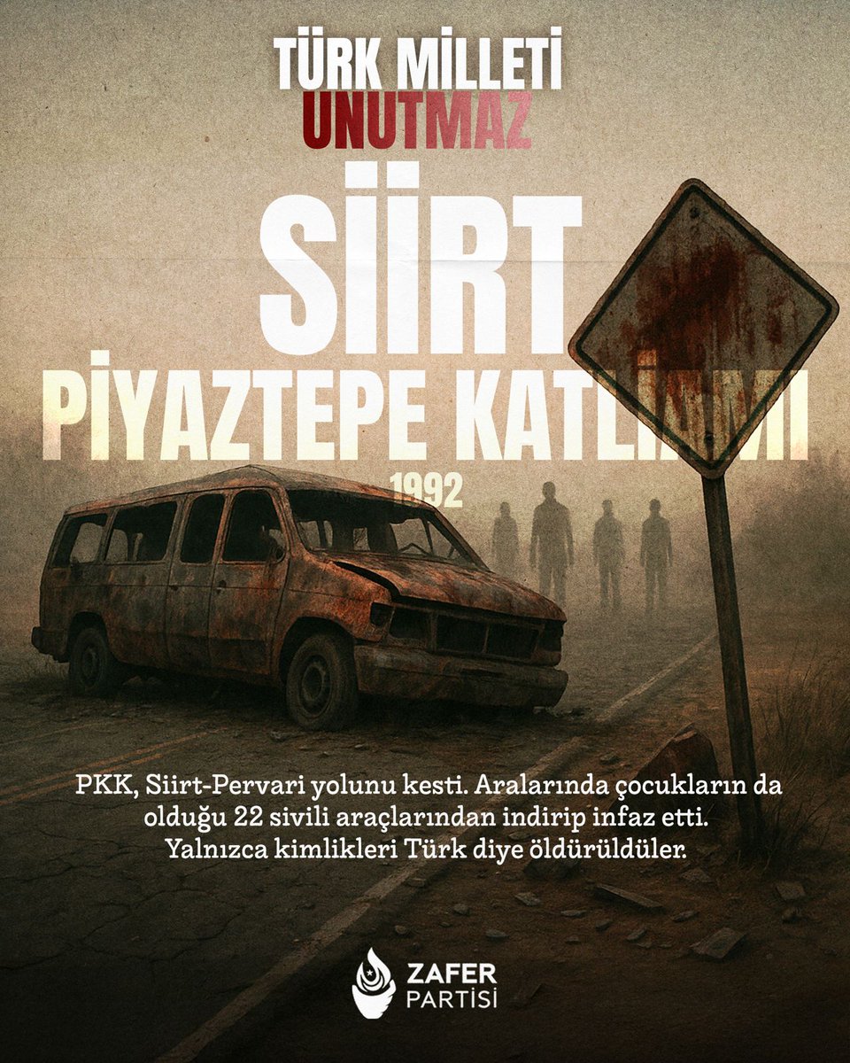zaferpartisi's tweet photo. Siirt'te yol kesip, sözde kimlik kontrolü yapan PKK'lı teröristlerin "Türkiye Cumhuriyeti Kimliği" taşıdığı gerekçesiyle 22 sivil vatandaşımızı otoyolda kurşuna dizdiklerini biz unutmadık. Siz de unutmayın!

#TürkMilletiUnutmaz https://t.co/dqu2Ct9A2w