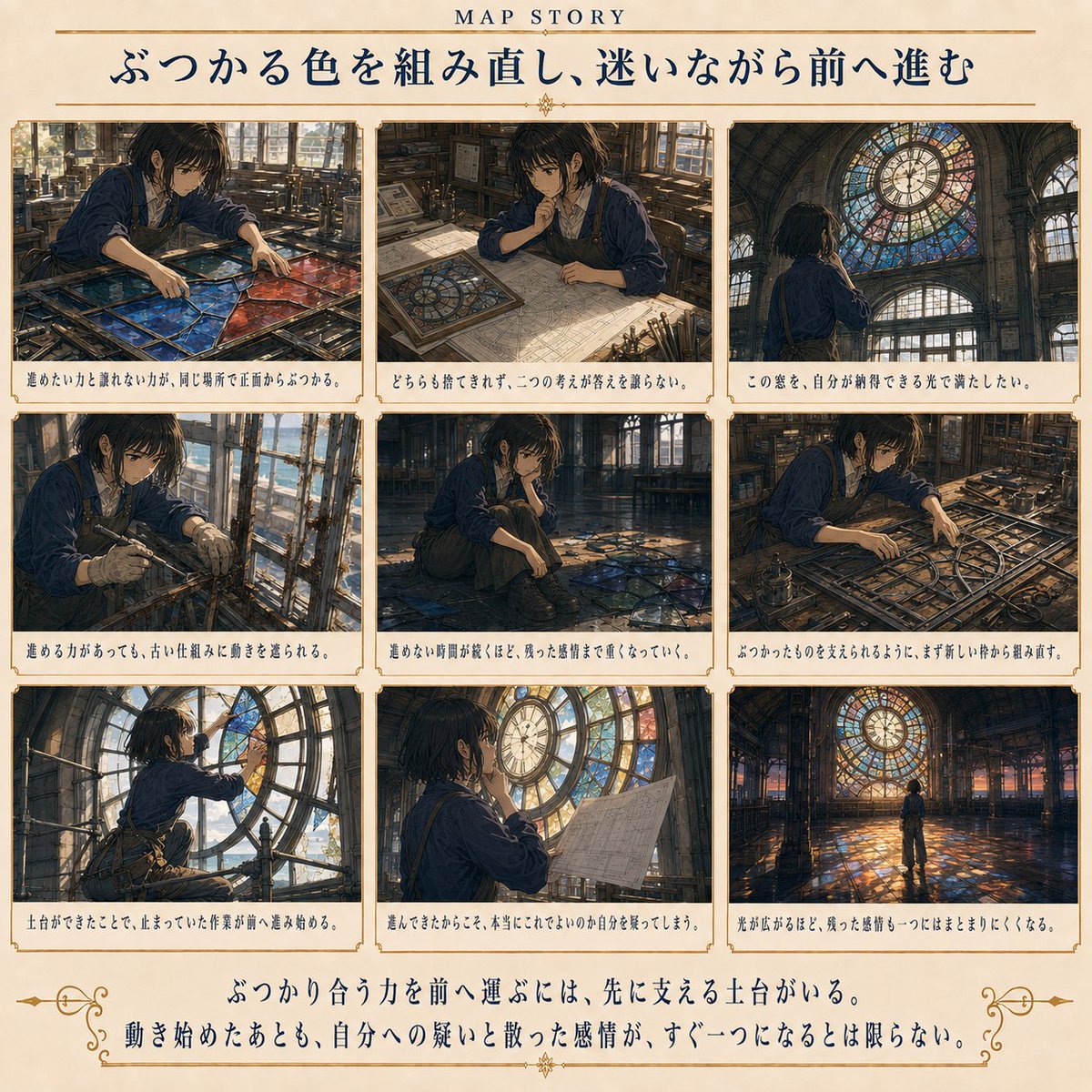 mindlog_mapai's tweet photo. ぶつかる色を組み直し、
迷いながら前へ進む。

進みたい力がある。
でも、考えもぶつかる。

納得したい気持ちも残っている。

力はあるのに、
そのまま進もうとすると遮られる日があります。

そんな時は、
ぶつかったまま無理に押し切らなくていい。

先に必要なのは、
進むための土台を作ること。

何を残すのか。
何を支えるのか。
どこから組み直すのか。

迷いながらでも、
自分の手で次の形を作っていく。

MAP STORY
「ぶつかる色を組み直し、迷いながら前へ進む」

#MAPSTORY #MAPストーリー #MindLog #MAP #MAPカード #AIアート #AIイラスト #紬 #今日のメッセージ #ぶつかる力 #考えがぶつかる #土台づくり #前進の段階 #組み直す #迷いながら進む #創作 #創作活動 #AIと創作