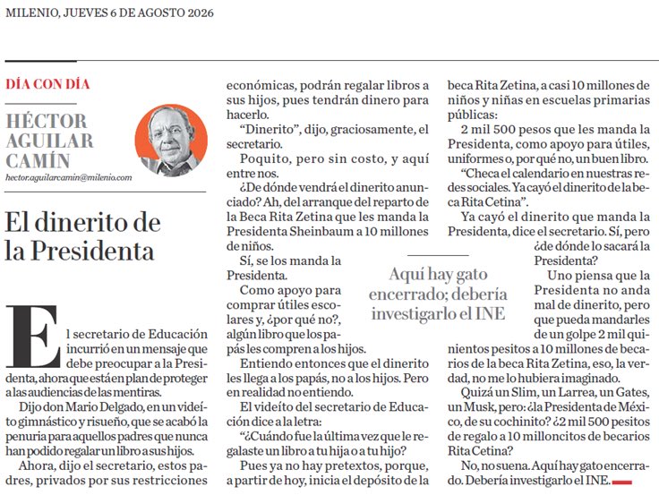 ferbelaunzaran's tweet photo. Lean a @aguilarcamin, tiene razón, el INE haría bien en investigar el origen de los 2,500 pesos entregados a los papás de 10 millones de niños que, a decir de Mario Delgado, es obsequio de la presidenta Sheinbaum .

El dinerito de la Presidenta https://t.co/khssOKsLK9