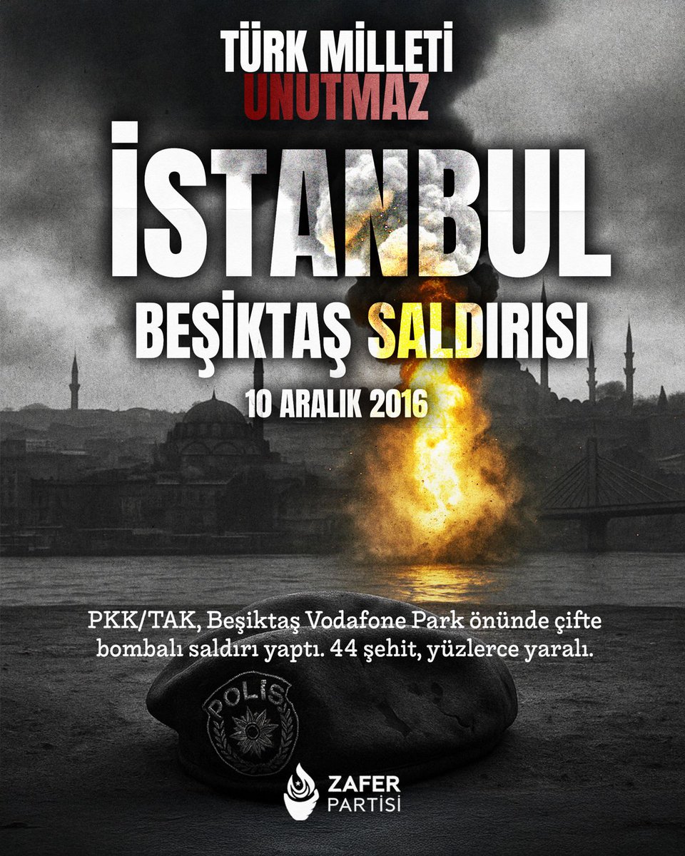 zaferpartisi's tweet photo. Beşiktaş'ta çifte bombalı saldırıda şehit olan 44 polis bizim evladımızdı!

#TürkMilletiUnutmaz https://t.co/G9FYPEKX3c