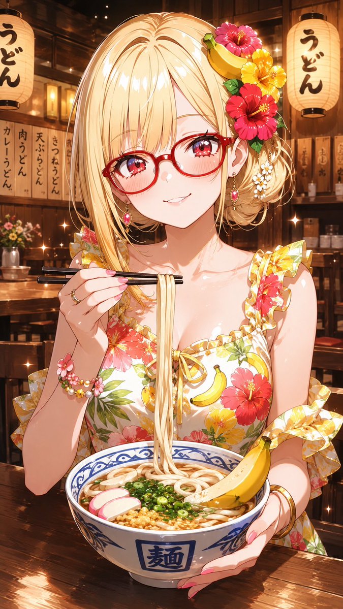 uhaoke_stamp's tweet photo. #うナナ #うはおけプロンプト

8月7日は「バナナの日」「はなまるうどんの日」「花の日」ということで、バナナと花の衣装でうどんを食べているプロンプトです☺

このプロンプト、うどんにバナナが入ったりするの…正気の沙汰ではない🍌

それを公開する私も正気の沙汰ではない👨

👴　沙汰、いるか？

■プロンプト■

Masterpiece, best quality, highly detailed, absurdres, 1girl, smile, eating udon with chopsticks, holding a bowl of udon, delicious food, traditional Japanese udon restaurant interior, wooden tables and chairs, warm ambient lighting.
​
flower and banana themed outfit, bright tropical summer dress with vibrant hibiscus flower patterns and small cute yellow banana motifs, ruffled hem, hair accessory with a yellow banana and colorful flowers, flower sandals.
​
indoor, udon noodle shop background, Japanese paper lanterns, wooden menu boards on the wall, cozy atmospheric lighting, detailed background, anime style, soft lighting, vibrant colors.