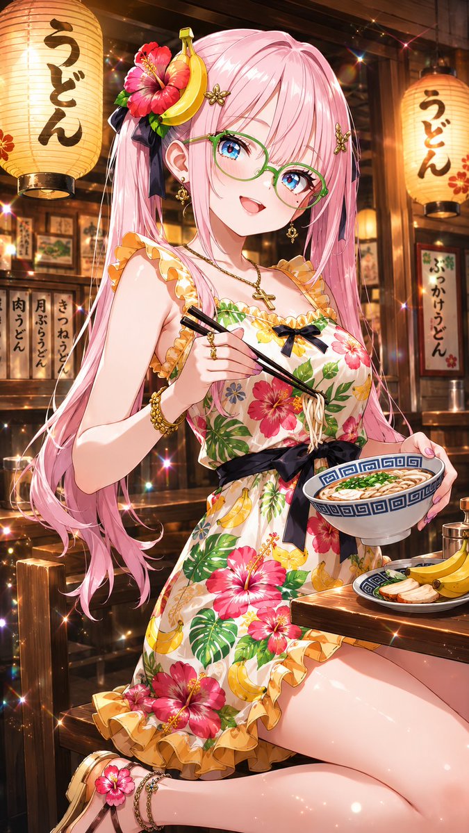 uhaoke_stamp's tweet photo. #うナナ #うはおけプロンプト

8月7日は「バナナの日」「はなまるうどんの日」「花の日」ということで、バナナと花の衣装でうどんを食べているプロンプトです☺

このプロンプト、うどんにバナナが入ったりするの…正気の沙汰ではない🍌

それを公開する私も正気の沙汰ではない👨

👴　沙汰、いるか？

■プロンプト■

Masterpiece, best quality, highly detailed, absurdres, 1girl, smile, eating udon with chopsticks, holding a bowl of udon, delicious food, traditional Japanese udon restaurant interior, wooden tables and chairs, warm ambient lighting.
​
flower and banana themed outfit, bright tropical summer dress with vibrant hibiscus flower patterns and small cute yellow banana motifs, ruffled hem, hair accessory with a yellow banana and colorful flowers, flower sandals.
​
indoor, udon noodle shop background, Japanese paper lanterns, wooden menu boards on the wall, cozy atmospheric lighting, detailed background, anime style, soft lighting, vibrant colors.