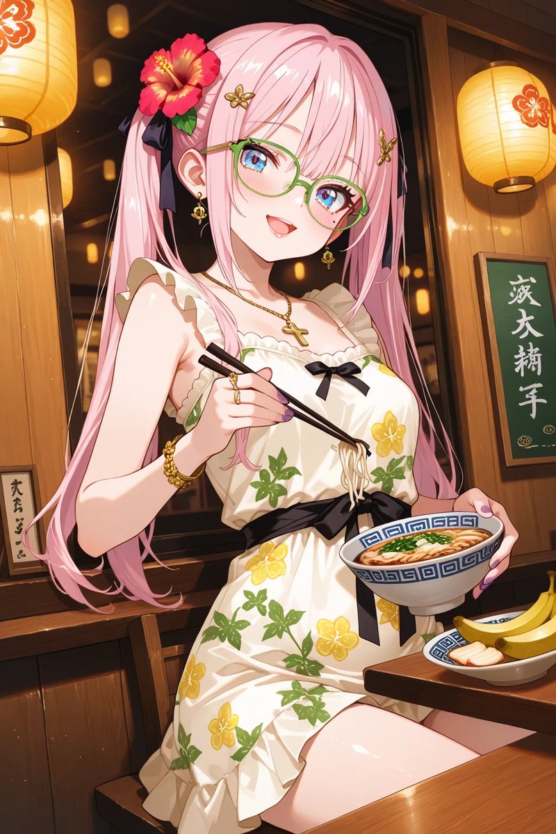 uhaoke_stamp's tweet photo. #うナナ #うはおけプロンプト

8月7日は「バナナの日」「はなまるうどんの日」「花の日」ということで、バナナと花の衣装でうどんを食べているプロンプトです☺

このプロンプト、うどんにバナナが入ったりするの…正気の沙汰ではない🍌

それを公開する私も正気の沙汰ではない👨

👴　沙汰、いるか？

■プロンプト■

Masterpiece, best quality, highly detailed, absurdres, 1girl, smile, eating udon with chopsticks, holding a bowl of udon, delicious food, traditional Japanese udon restaurant interior, wooden tables and chairs, warm ambient lighting.
​
flower and banana themed outfit, bright tropical summer dress with vibrant hibiscus flower patterns and small cute yellow banana motifs, ruffled hem, hair accessory with a yellow banana and colorful flowers, flower sandals.
​
indoor, udon noodle shop background, Japanese paper lanterns, wooden menu boards on the wall, cozy atmospheric lighting, detailed background, anime style, soft lighting, vibrant colors.