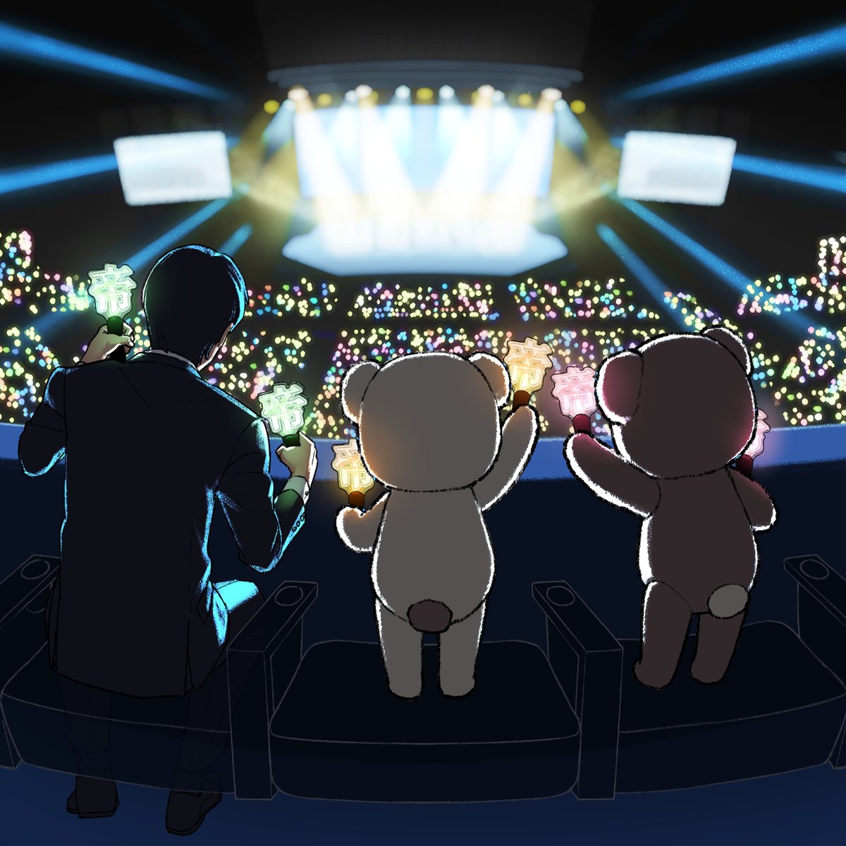 theatre_bear's tweet photo. お客さんがいっぱい！最高のステージ！

アリーナといえばやっぱりペンライトでしょ！
リド・セーヌと青年はなんと2個持ち！

#シアターベア #くまの衣裳あわせ
#シアターベア3_9 https://t.co/PY03lxJGhu
