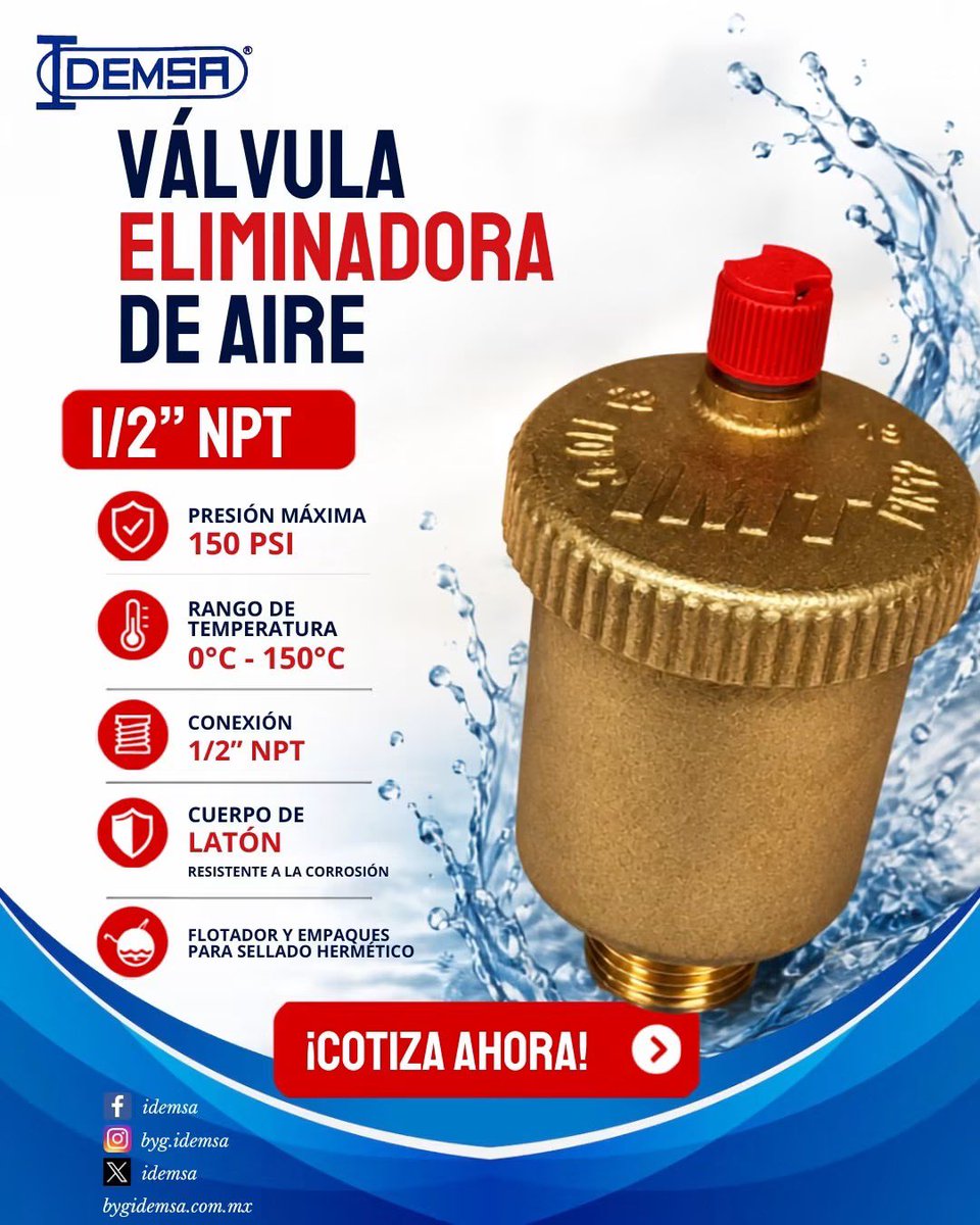 Idemsa's tweet photo. 🔥Elimina el aire y protege tu sistema hidráulico 💧⚙️

La válvula eliminadora de aire 1/2” NPT es la solución ideal para mantener una operación eficiente y evitar fallas por acumulación de aire.

📩¡Cotiza ahora y mejora el rendimiento de tu instalación! https://t.co/B1zVE2ITMG