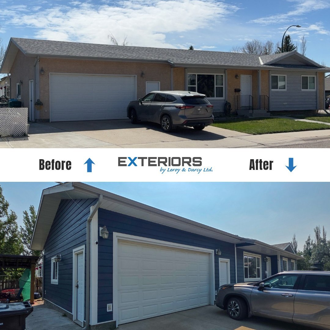 Exteriorsld's tweet photo. Stop scrolling for this transformation! 🛑
​Major exterior upgrade with @lpcorp SmartSide in Rapids Blue &amp; custom @MachineMetals fascia right here in Lethbridge.
​Drop a "WOW" if you agree! 💬
​Free quote:
🔗 https://t.co/PudfSDmhuF
📞 (403) 327-9113
​#YQL #LPSmartSide https://t.co/zQAHLq6Lp2