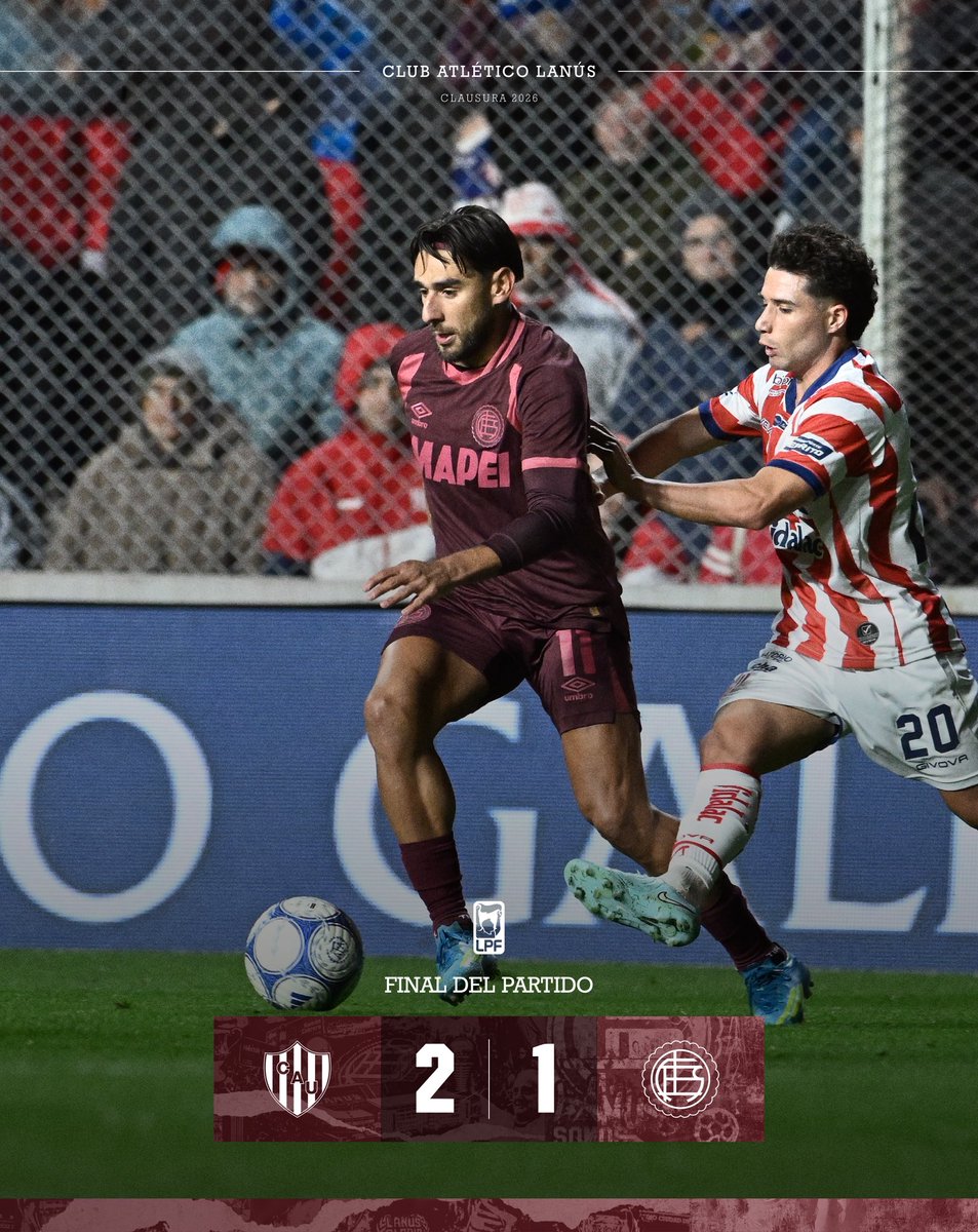 clublanus's tweet photo. 45’ 2T +6 ⏱️ Final: Unión 2-1 Lanús

⚽️ Felipe Peña Biafore

🏆 LPF - Clausura 2026
📌 2ª fecha
🔜 Talleres

#JuegaLanús 🇱🇻 https://t.co/SsNhnobs8N
