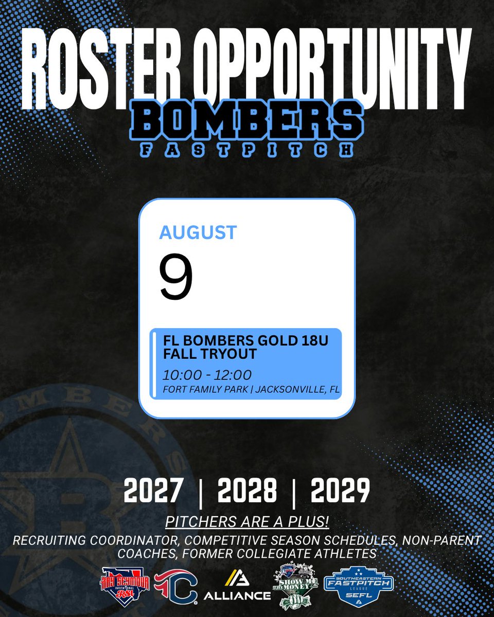 FLBombersGold18's tweet photo. Looking to fill the last few roster spots for the ‘26 season. Opportunity to be part of the Bombers Fastpitch National Organization in the Southeast this Sunday! Distance is not an issue. Plz register with link below.

🔗 https://t.co/NOQSED4VCJ
◾️Reach out for further info | 904-910-0503