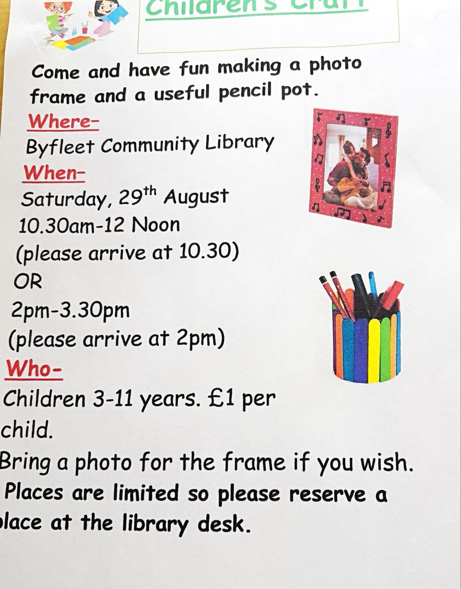 ByfleetLibrary's tweet photo. Here’s details of our next children’s craft sessions on Saturday 29th Aug.. https://t.co/WTRFMMJRMC