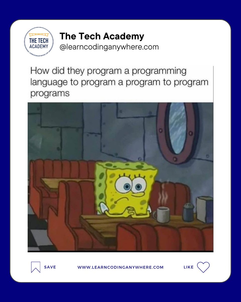 TheTechAcad's tweet photo. So what programming language would you use to program a program to program other programs? π
#learncodinganywhere #learntocode #thetech.academy #codingmeme #programmerhumor #funny #programmermeme #codememe #codehumor #juniordeveloper https://t.co/o0ZmUA48u2