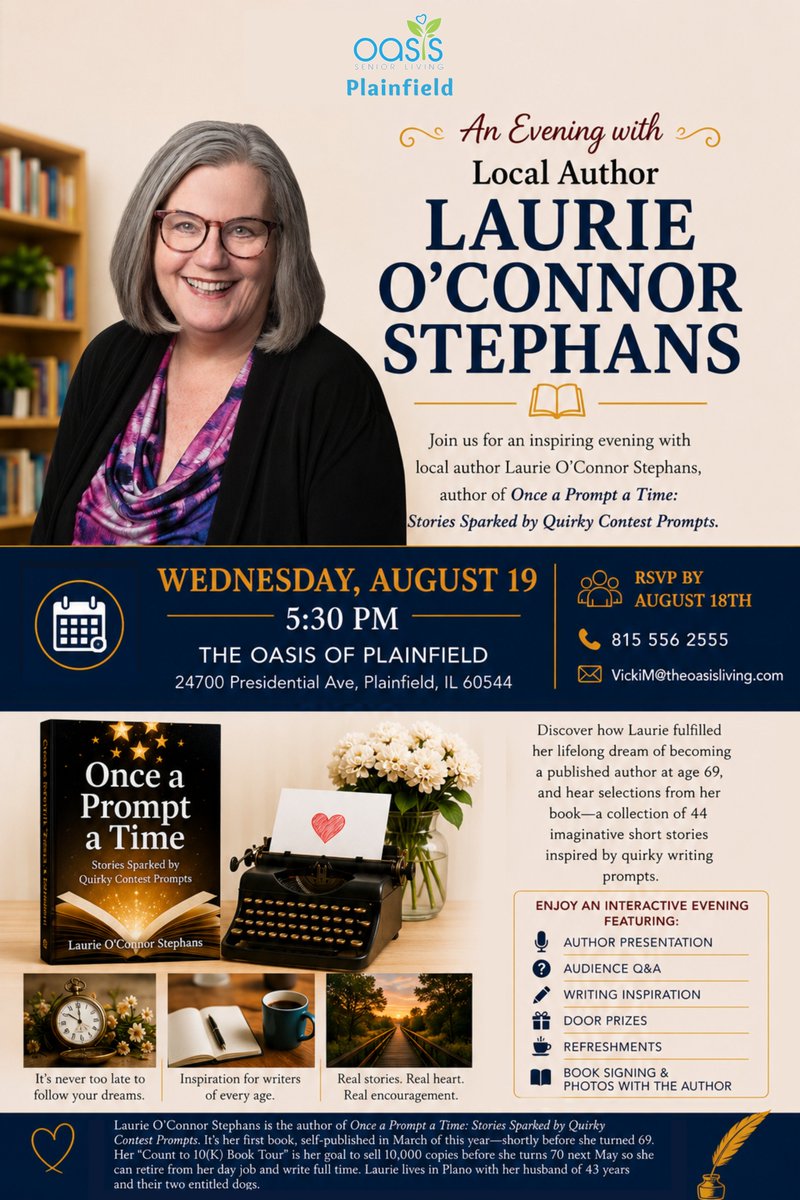 LaurieOCS's tweet photo. I just completed Stop #11 on my Count to 10(K) Book Tour (more about that coming soon), and have seven more stops already scheduled!
I'm really excited about Stop #12 at The Oasis Of Plainfield! It's open to the public, so why don't you join us?
#onceapromptatime #EveryStopCounts https://t.co/An6dam4CXv