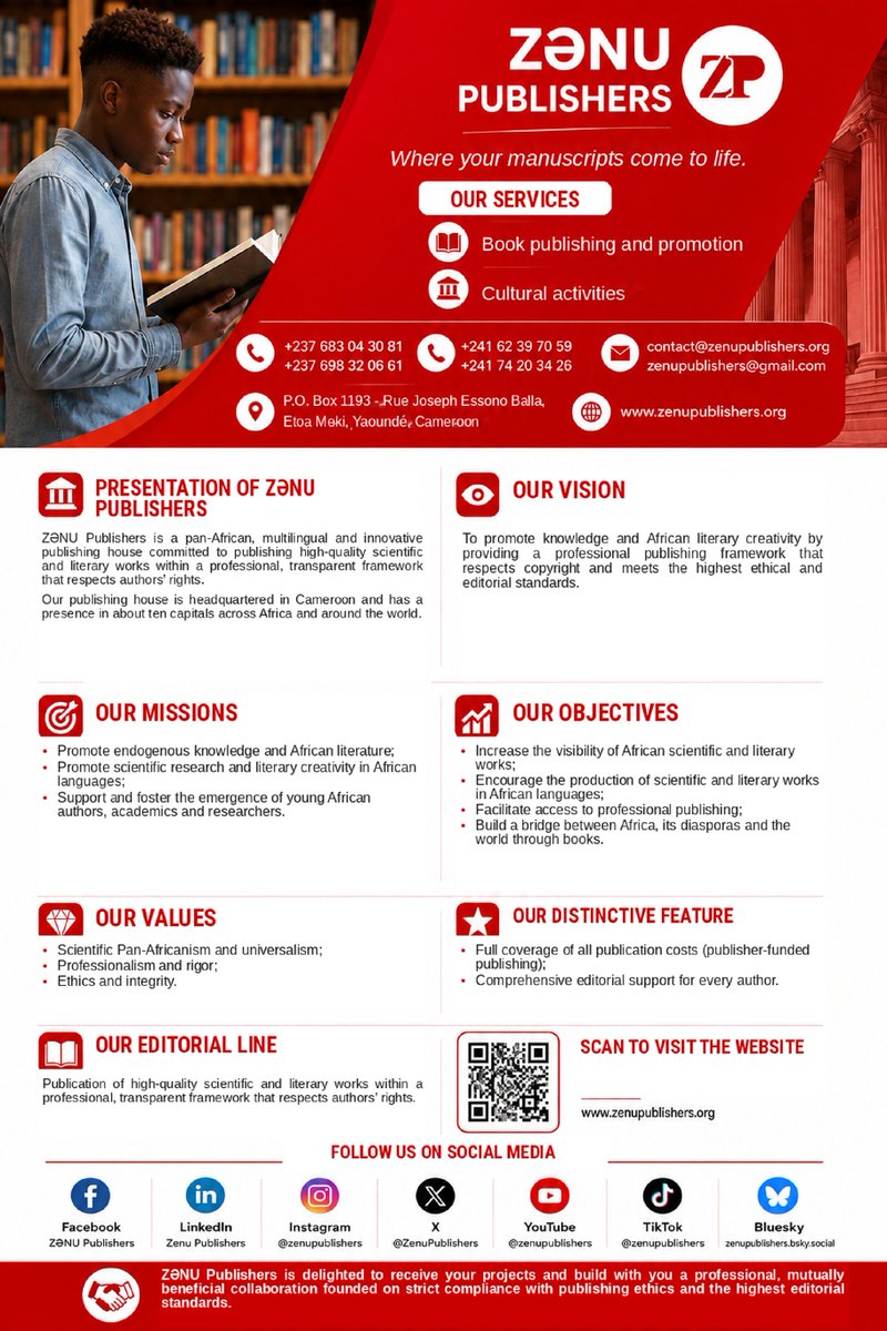 ZenuPublishers's tweet photo. 𝐃𝐢𝐬𝐜𝐨𝐯𝐞𝐫 𝐙Ə𝐍𝐔 𝐏𝐮𝐛𝐥𝐢𝐬𝐡𝐞𝐫𝐬 — 𝐰𝐡𝐞𝐫𝐞 𝐦𝐚𝐧𝐮𝐬𝐜𝐫𝐢𝐩𝐭𝐬 𝐜𝐨𝐦𝐞 𝐭𝐨 𝐥𝐢𝐟𝐞.

ZƏNU Publishers is a pan-African, multilingual and innovative publishing house committed to producing and promoting high-quality scientific and literary works within a professional, transparent and author-centred editorial framework.

Through our publishing services, we support authors and researchers from manuscript development to publication, promotion and international distribution. We also contribute to cultural engagement and the advancement of African knowledge, literature and creativity.

Our ambition is to strengthen the visibility of African intellectual and literary productions, encourage publishing in African languages and build lasting connections between Africa, its diasporas and the wider world through books.

Explore our vision, missions, values, editorial policy and services in the flyer below.

🌐 https://t.co/VjngCIil5G
📧 zenupublishers@gmail.com 
📧 contact@zenupublishers.org 

#ZenuPublishers #AfricanPublishing #PublishingHouse #AfricanLiterature #ScientificResearch #Authors #Books #MultilingualPublishing #PanAfricanPublishing #PublishingServices