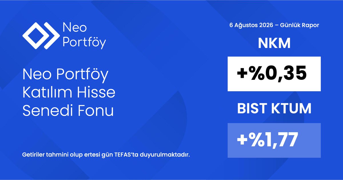 NKMNeoPortfoy's tweet photo. 6 Ağustos 2026 tarihli, kesin olmayan getiri oranlarımızı içeren günlük raporumuz:

📈 NKM: +%0,35
📊 BISTKTUM: +%1,77 https://t.co/wPWtlH95yW