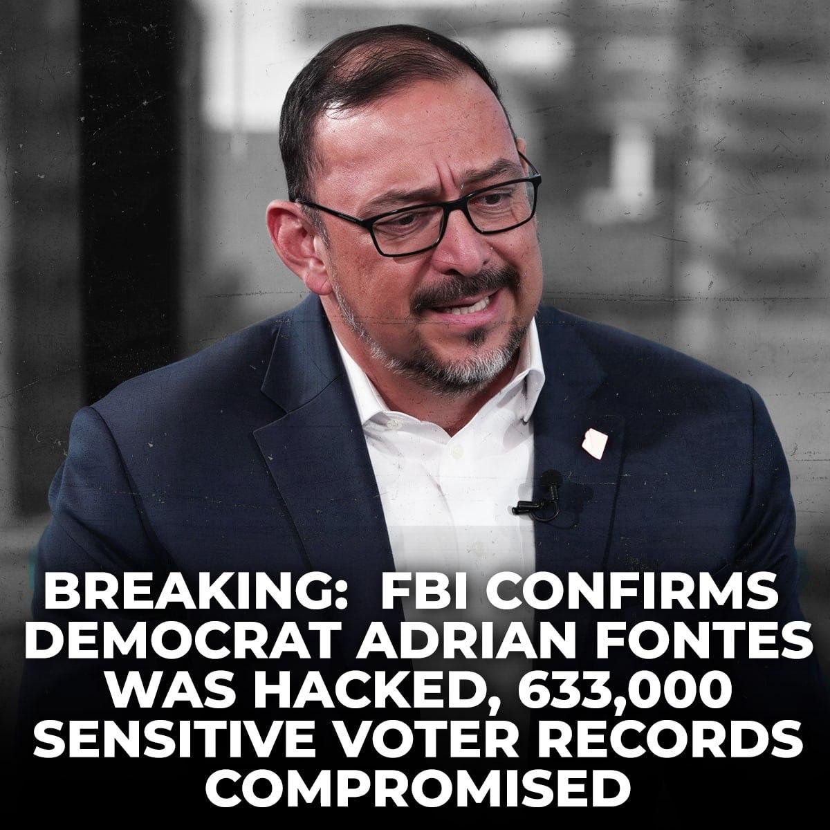 realAlexKolodin's tweet photo. BREAKING: The FBI confirms that while Adrian Fontes was Maricopa Recorder, his voter registration system was hacked.

Then as Secretary of State, his system was hacked again.

His response? Spent YOUR TAX DOLLARS on World Cup ads promoting himself, instead of investing in cybersecurity to protect your sensitive voter data.

Restoring the historically low confidence in our elections begins with firing Adrian Fontes.

I’m Alex Kolodin and I’m running to be your trusted Secretary of State.