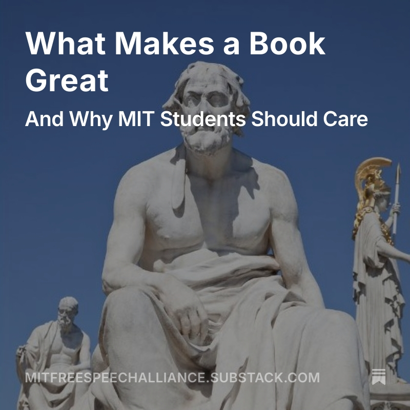 mitfreespeech's tweet photo. Glad that we're able to give a home to this kind of thoughtful commentary! We hope you enjoy this piece on teaching great books at @MIT from MIT Concourse's Linda Rabieh. Link in next post. https://t.co/kMLfxSbwt7