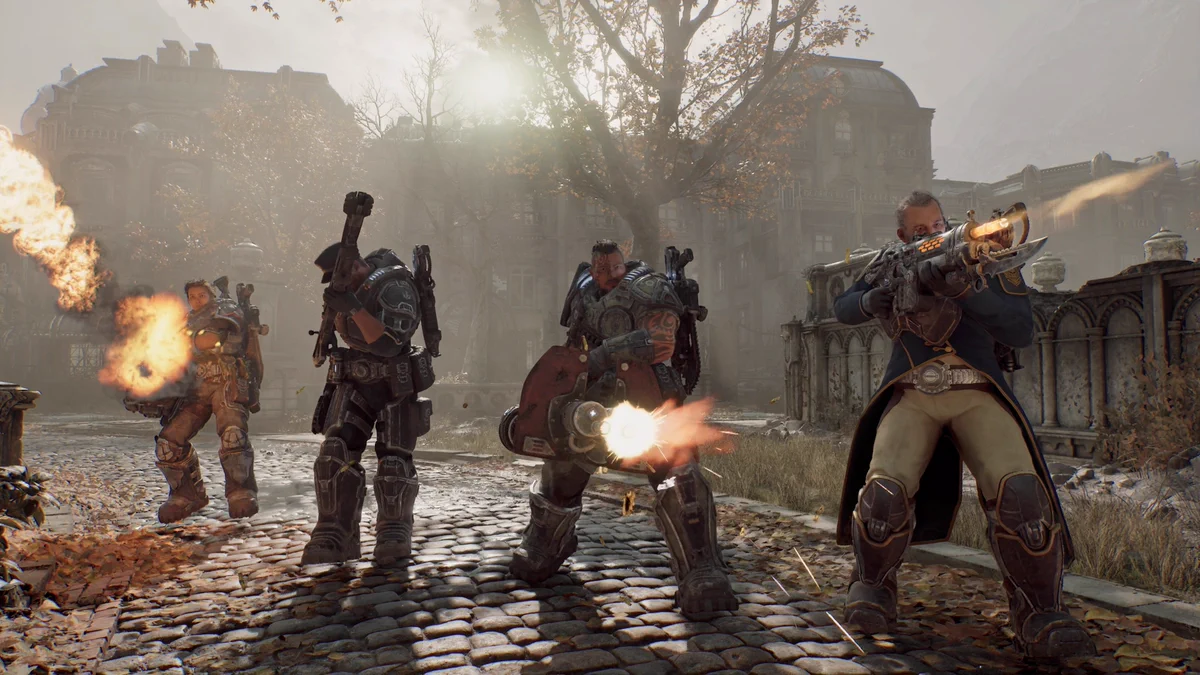 A group of characters from Gears of War: E-Day shooting guns