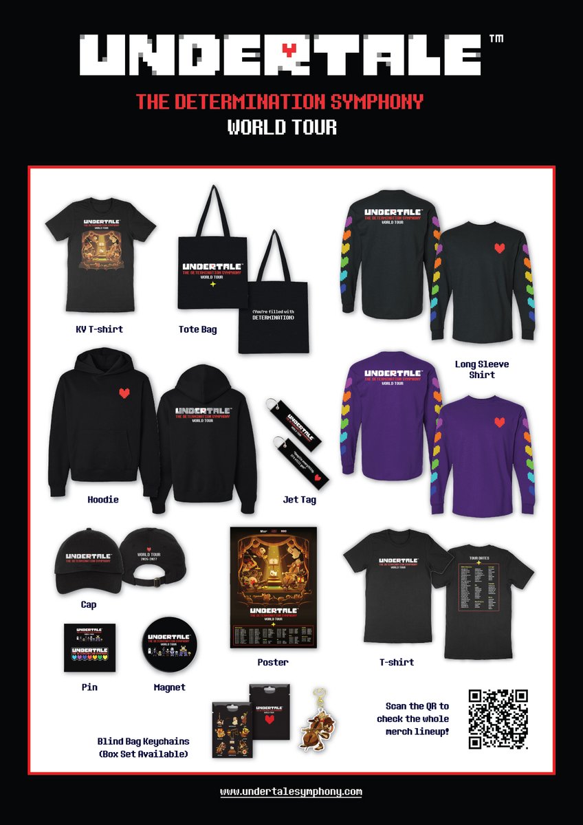UndertaleSymph's tweet photo. Announcing the official Determination Symphony Merchandise! 🌟🛍️

Pick up some concert-exclusive apparel and accessories to rep your UNDERTALE LOVE at the venue on show days, or online at https://t.co/QukJPUbrGW 🖤
Pre-orders are now OPEN, and shipments will start August 24th.

For fans in England, visit the link to pre-order your merch and pick it up at the show!
https://t.co/4CrujJhQRO

What are you buying? Comment your favorite item! 👇