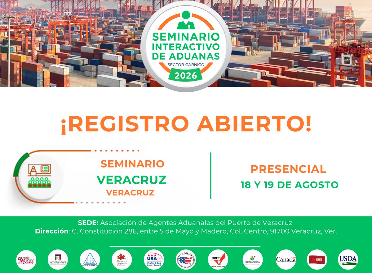 ConsejoMexCarne's tweet photo. 📢 ¡Registro abierto!
Participa en el Seminario Interactivo de Aduanas 2026 del sector cárnico.
📍 Veracruz
🗓️ 18 y 19 de agosto
👥 Modalidad presencial

📝 Regístrate:
https://t.co/bHgAtz9W1y
📄 Consulta el programa:
https://t.co/sikjAwube2 

#COMECarne #IndustriaCárnica https://t.co/2iSr4IwTPF