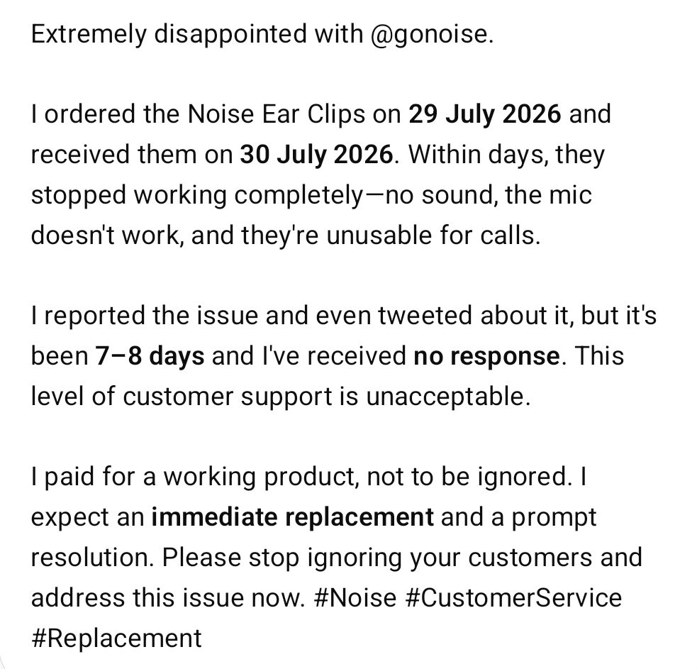 AdeebaFati14573's tweet photo. @gonoise Extremely disappointed.ordered the Air Clips Pro on 28 July and received them on 30 July,but they were defective from first day.the mic doesn't work,and they're unusable for calls.I reported the issue immediately,it's been 8 days with no resolution. this is unacceptable. https://t.co/3SIQeSbv1w