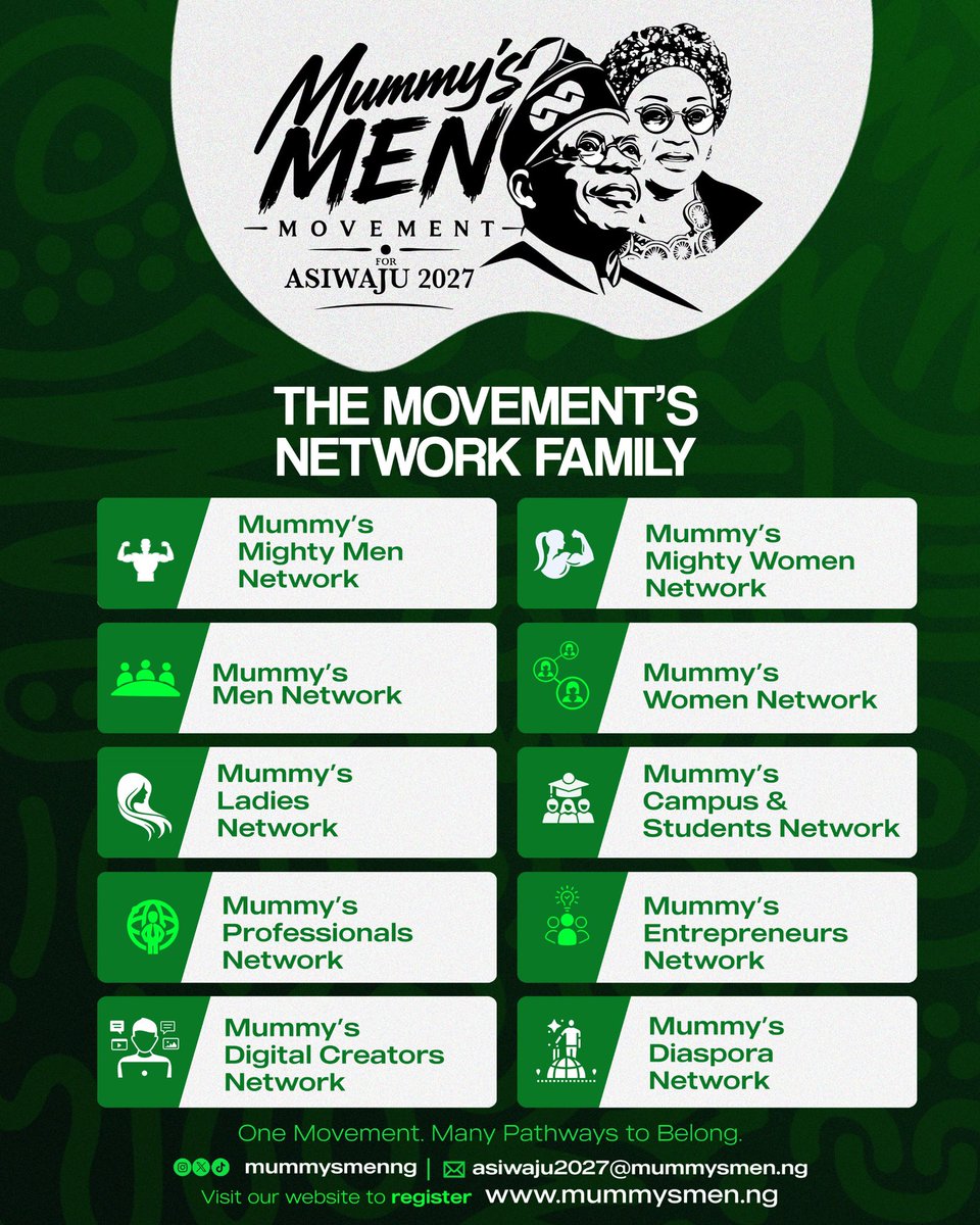 MummysMenng's tweet photo. Introducing the Mummy’s Men Movement Network Family! 

One movement. Many pathways to belong.

Whether you’re a student, professional, entrepreneur, digital creator, in the diaspora, or simply looking to be part of a community, there’s a network for you.

https://t.co/wVtXPqJzbw https://t.co/QXb0pxTzbI