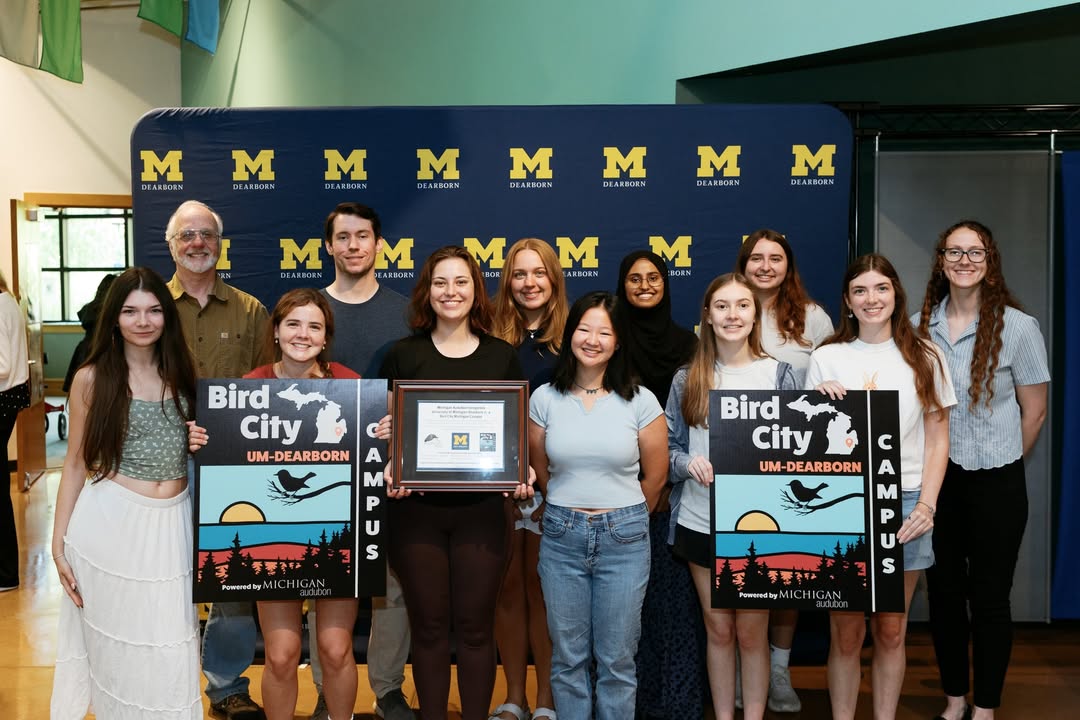 UM_Dearborn's tweet photo. Michigan Audubon recently named UM-Dearborn its first-ever Bird City Michigan Campus. The designation recognizes campuses that actively support bird conservation through habitat protection, sustainability practices, education and community engagement. For UM-Dearborn's Environmental Interpretive Center, the recognition reflects years of work focused on understanding and protecting our campus's unique ecosystem. 

Thank you to @MichiganAudubon, @Ford and our UM-Dearborn community for gathering today to celebrate this accomplishment!