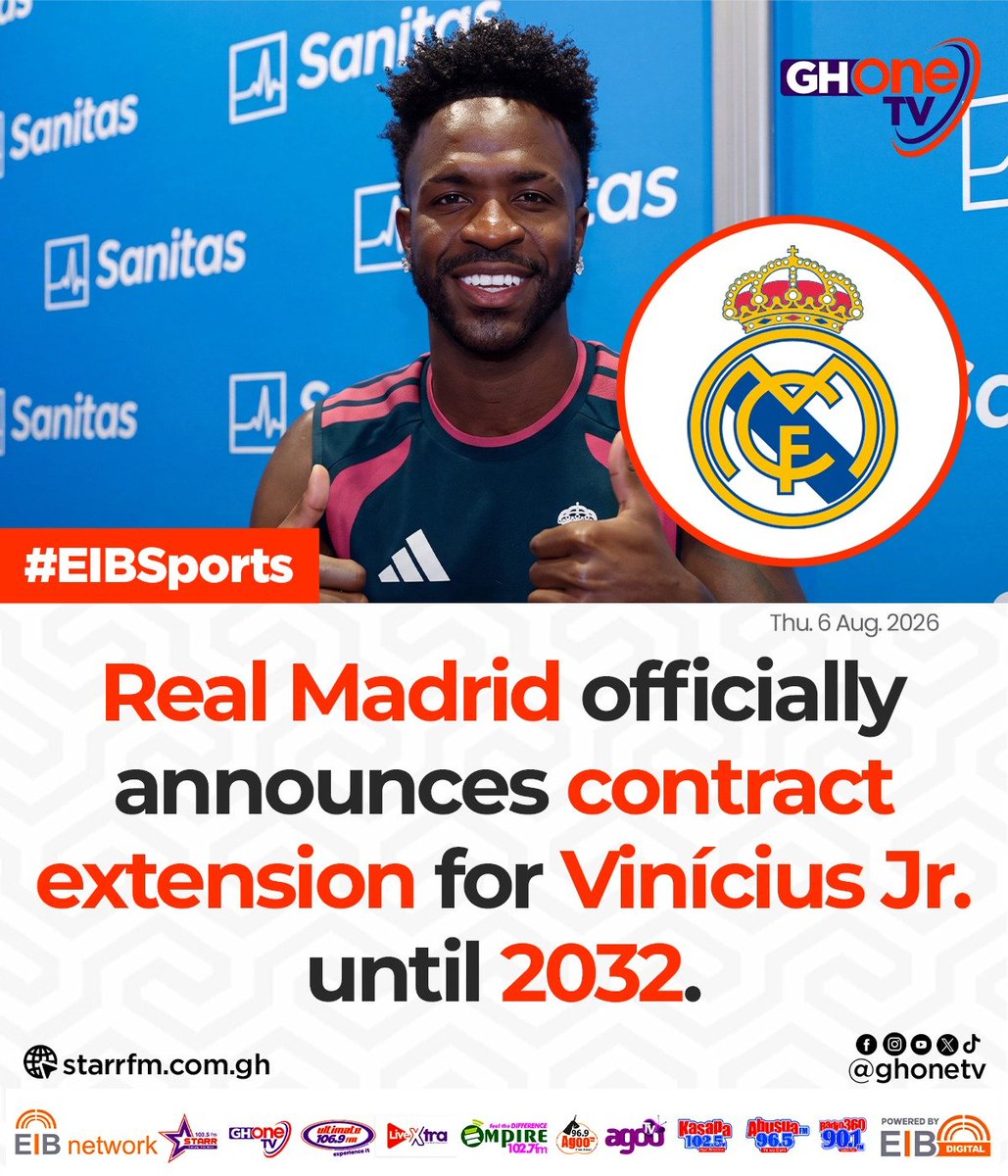 ghonetv's tweet photo. Real Madrid officially announces contract extension for Vinícius Jr. until 2032...

#EIBSports
#GHOneNews #EIBNetwork
#GHOneTV #NewsAlert https://t.co/WwYgF5E69s